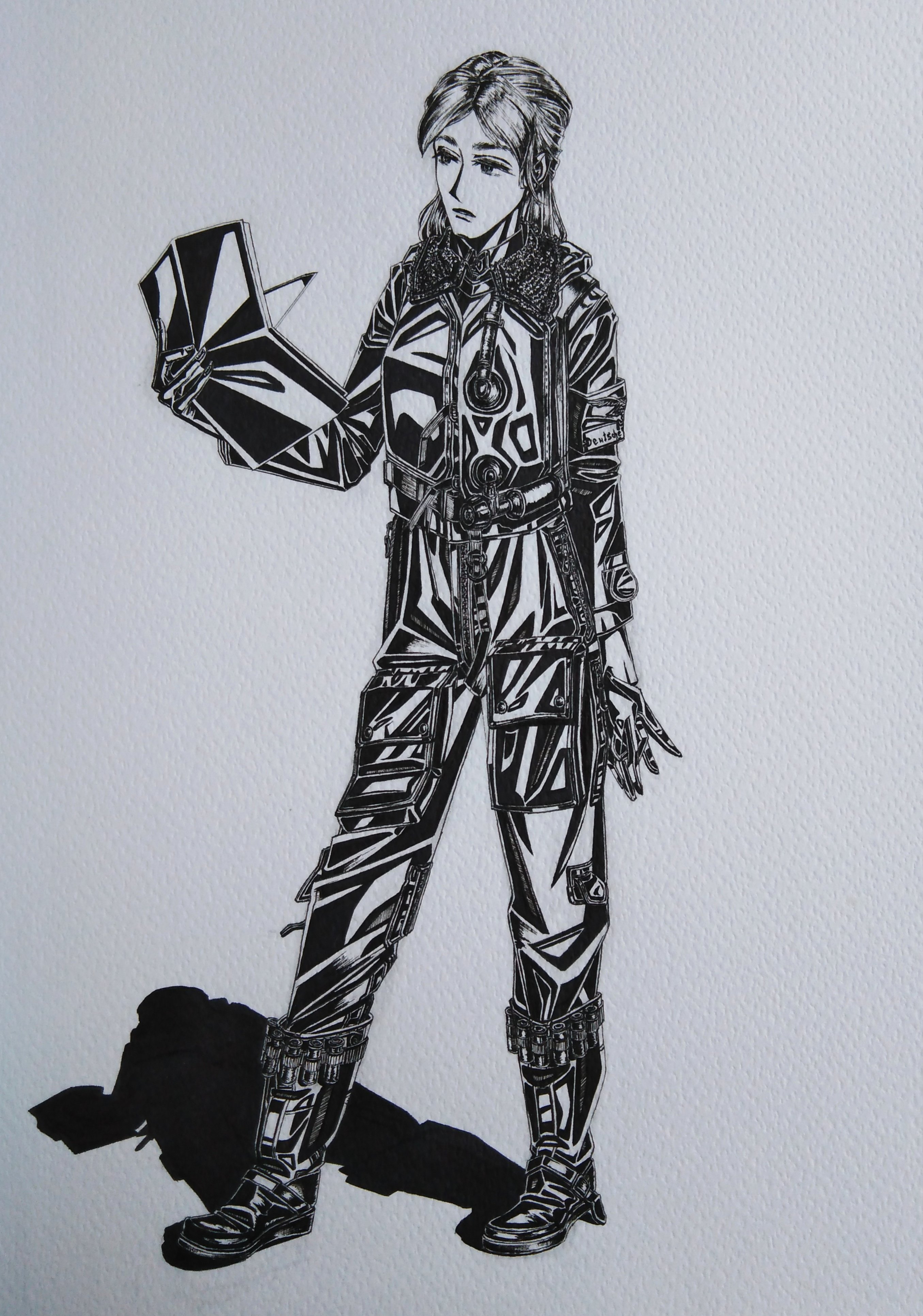 original, real life, absurdres, check clothing, clothing request, highres, photo (medium), 1girl, black bodysuit, black boots, bodysuit, bomber jacket, boots, bordfunker133, cargo pants, expressionless, friedrich rumpelhardt, full-length zipper, full body, fur-trimmed suit, genderswap, genderswap (mtf), gloves, greyscale, holding, holding gloves, holding notebook, holding unworn clothes, jacket, light frown, lipstick, long hair, luftwaffe, makeup, male focus, monochrome, nazi, notebook, pants, rumpelhardt-chan (bordfunker133), simple background, solo, unworn gloves, world war ii, zipper