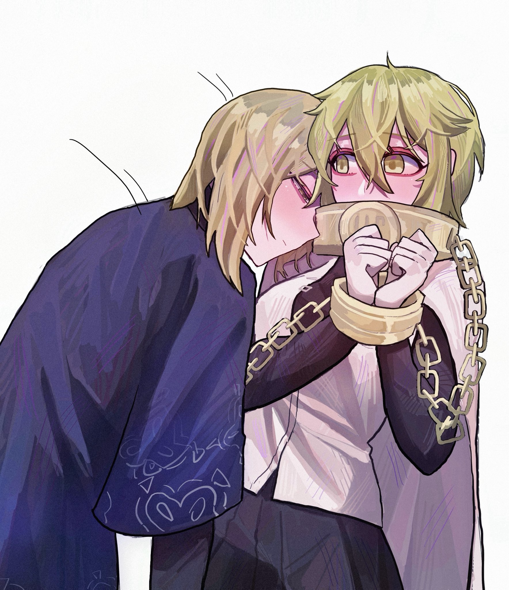 don quixote (project moon), sinclair (project moon), limbus company, project moon, gold collar, hashtag-only commentary, highres, 1boy, 1girl, black shirt, black skirt, black sleeves, blonde hair, blue sleeves, bound, bound wrists, cape, chain, eyeshadow, gold chain, hair between eyes, half-closed eyes, haori, head on another's shoulder, index (identity) (project moon), japanese clothes, layered sleeves, leaning forward, long sleeves, looking at another, makeup, meng luoo, motion lines, pinky (identity) (project moon), pleated skirt, purple haori, red eyeshadow, shirt, short hair, short over long sleeves, short sleeves, skirt, tsurime, undershirt, white background, white cape, white shirt, yellow eyes