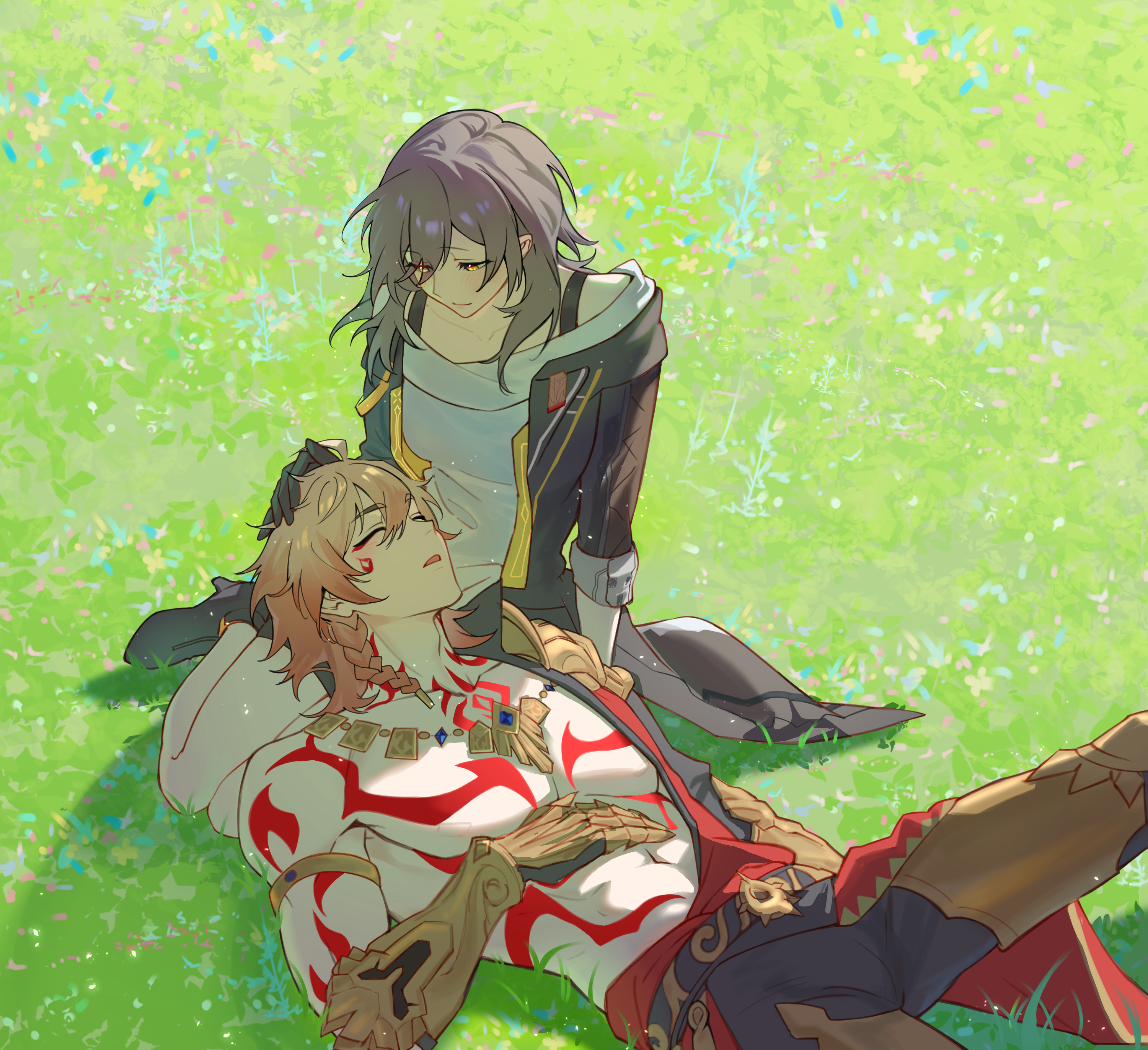 mydei (honkai: star rail), stelle (honkai: star rail), trailblazer (honkai: star rail), honkai: star rail, honkai (series), absurdres, commission, highres, 1girl, arm tattoo, armlet, armor, belt buckle, boots, braid, buckle, chest tattoo, clawed gauntlets, colored tips, facial tattoo, flower, grass, grey hair, hand on another's head, high heel boots, high heels, jacket, jewelry, lap pillow, meadow, multicolored hair, necklace, open mouth, pauldrons, pectorals, ravtuneofrang39, shoulder armor, single braid, sleeping, tattoo, yellow eyes