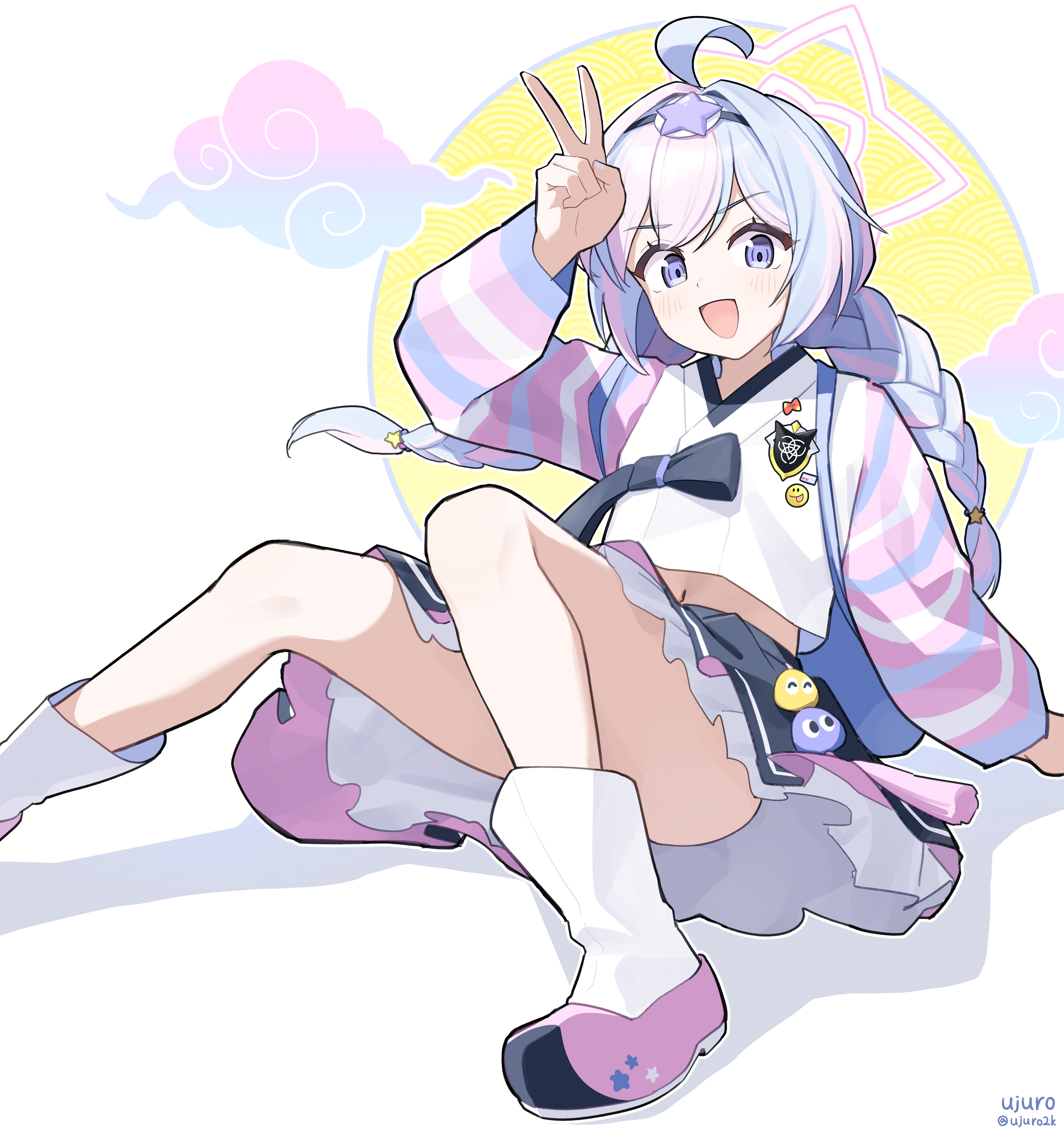 ujuro, reisa (blue archive), blue archive, absurdres, commentary request, highres, korean commentary, 1girl, :d, ahoge, alternate costume, arm behind back, black skirt, blue hair, blue nails, blush, boots, braid, cloud, convenient leg, foot out of frame, frilled skirt, frills, hair between eyes, hair intakes, hair ornament, halo, hanbok, hand up, happy, korean clothes, long hair, looking at viewer, low twintails, midriff, miniskirt, multicolored boots, multicolored hair, nail polish, navel, new year, open mouth, pink boots, pink hair, pink halo, purple eyes, shadow, shirt, sidelocks, simple background, sitting, skirt, smile, solo, star (symbol), star hair ornament, star halo, streaked hair, striped sleeves, thighs, trinity general school logo, twin braids, twintails, twitter username, two-tone boots, two-tone hair, v, v-shaped eyebrows, white background, white boots, white shirt