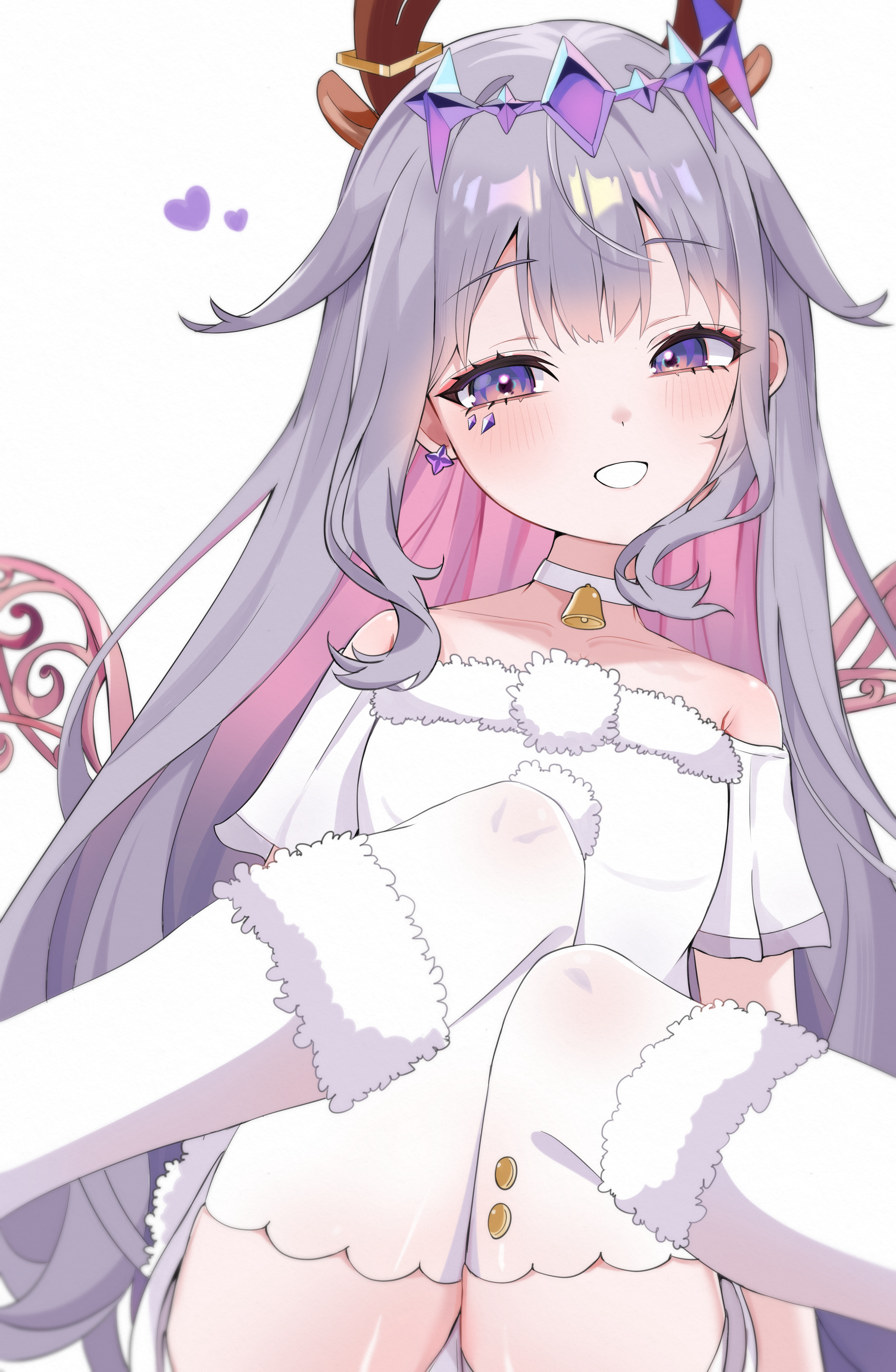 castellayaki, koseki bijou, hololive, hololive english, absurdres, commentary, highres, 1girl, bare shoulders, bell, choker, colored inner hair, detached wings, dot nose, earrings, fur trim, hair between eyes, hair ornament, heart, jewel under eye, jewelry, long hair, looking at viewer, multicolored hair, official alternate costume, open mouth, pink hair, pom pom (clothes), purple eyes, purple hair, santa costume, short sleeves, sitting, smile, teeth, thighhighs, virtual youtuber, white choker, white santa costume, white thighhighs, wings