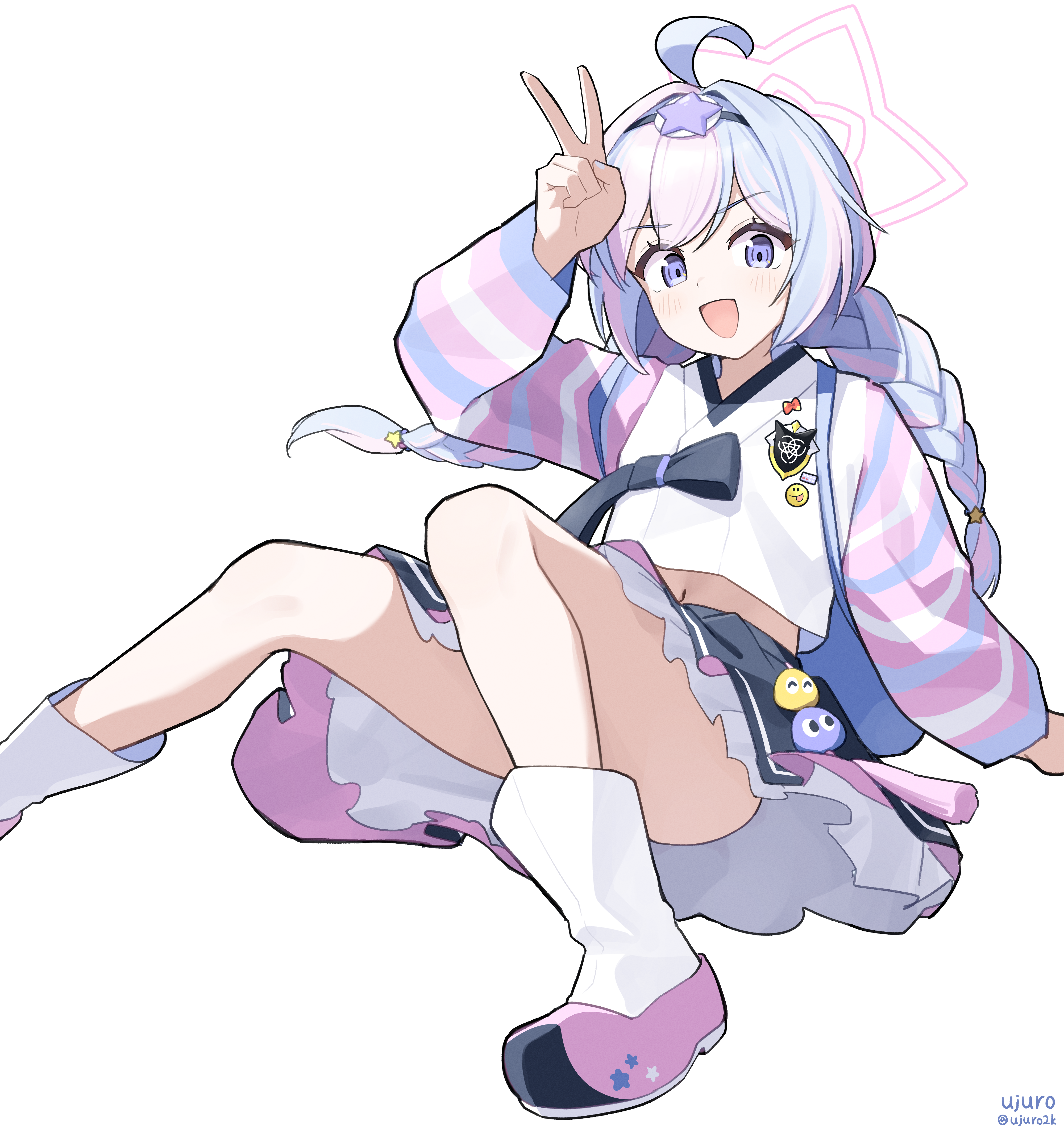 ujuro, reisa (blue archive), blue archive, absurdres, commentary request, highres, korean commentary, 1girl, :d, ahoge, alternate costume, arm behind back, black skirt, blue hair, blue nails, blush, boots, braid, convenient leg, foot out of frame, frilled skirt, frills, hair between eyes, hair intakes, hair ornament, halo, hanbok, hand up, happy, korean clothes, long hair, looking at viewer, low twintails, midriff, miniskirt, multicolored boots, multicolored hair, nail polish, navel, new year, open mouth, pink boots, pink hair, pink halo, purple eyes, shirt, sidelocks, simple background, sitting, skirt, smile, solo, star (symbol), star hair ornament, star halo, streaked hair, striped sleeves, thighs, trinity general school logo, twin braids, twintails, twitter username, two-tone boots, two-tone hair, v, v-shaped eyebrows, white background, white boots, white shirt