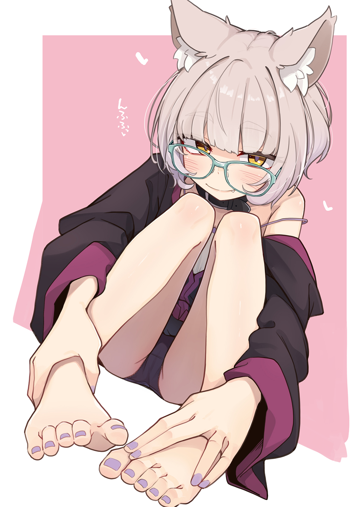 ogami kazuki, character request, copyright request, highres, 1girl, animal ear fluff, bare legs, barefoot, black panties, blush, border, fang, feet, full body, grey hair, knees up, looking at viewer, medium hair, nail polish, panties, pink background, purple nails, sidelocks, single off shoulder, sitting, smile, solo, strap slip, toenail polish, toenails, toes, underwear, white border, yellow eyes