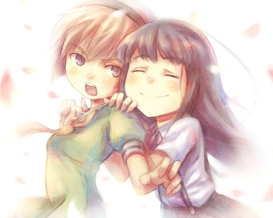 jailbird, furude rika, houjou satoko, higurashi no naku koro ni, 2girls, black eyes, black hair, blonde hair, closed eyes, dress, hairband, long hair, multiple girls, petals, short hair, smile