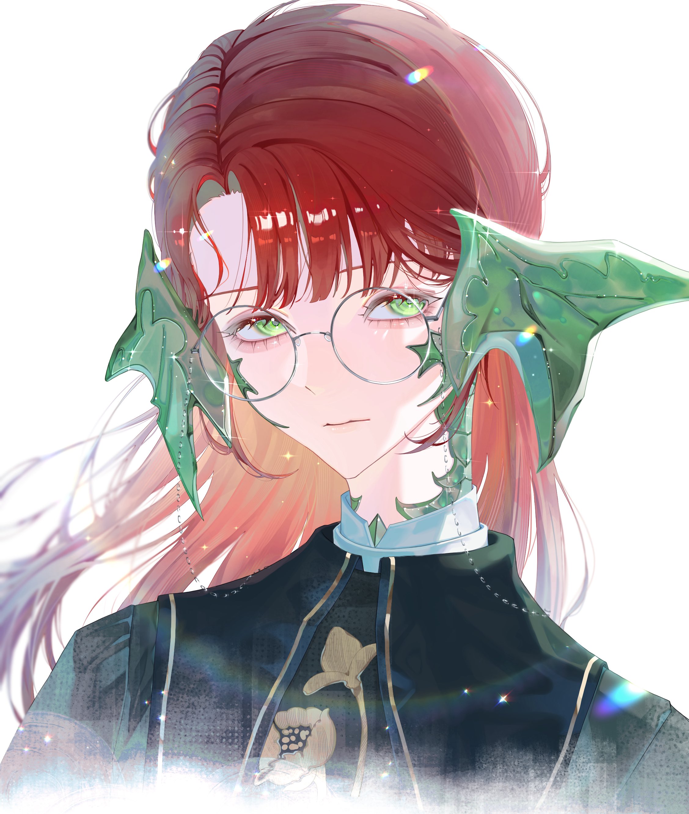 halmarut (ff14), final fantasy, final fantasy xiv, absurdres, highres, a m nemo, au ra, dragon horns, dress, eyelashes, eyewear strap, green dress, green eyes, green horns, green scales, horns, long hair, looking at viewer, orange hair, round eyewear, scales, side part, simple background, upper body, white background