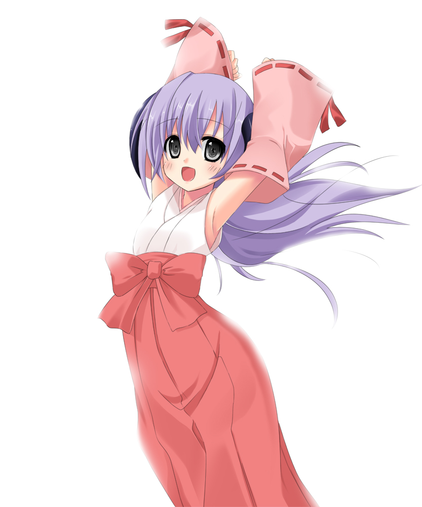 asa no ha (awayuki), hanyuu, higurashi no naku koro ni, 1girl, armpits, arms up, black eyes, detached sleeves, female focus, grey eyes, hakama, hakama skirt, horns, japanese clothes, miko, o/, outstretched arms, purple hair, red hakama, skirt, solo