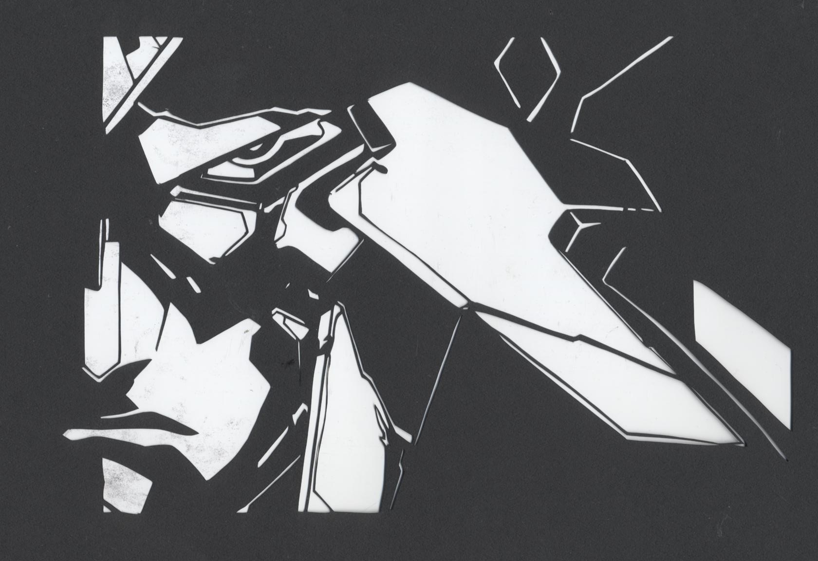 godannar, shinkon gattai godannar!!, highres, paper cutout (medium), papercraft (medium), unconventional media, 19950509, close-up, expressionless, greyscale, looking at viewer, mecha, mecha focus, monochrome, portrait, robot, simple background, solo, super robot