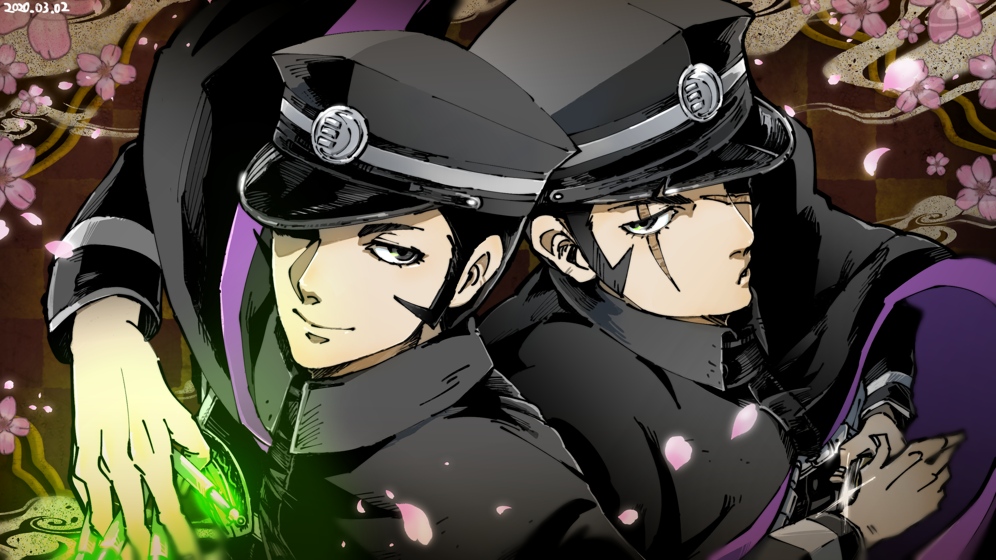 tori (bromaticbrotrap), kuzunoha raidou, devil summoner: raidou kuzunoha vs the soulless army, devil summoner (series), absurdres, highres, 2boys, back-to-back, black cape, black coat, black hair, black hat, border, brown background, cape, checkered background, cherry blossoms, coat, dated, flower, glowing, glowing weapon, grey eyes, hand on hilt, hat, high contrast, holding, holding knife, holding sword, holding weapon, knife, long sideburns, looking to the side, male focus, military hat, multiple boys, one eye covered, ornate border, pink flower, scabbard, scar, scar across eye, scar on face, sheath, sheathed, sideburns, smoke, sword, turning head, upper body, weapon, wind