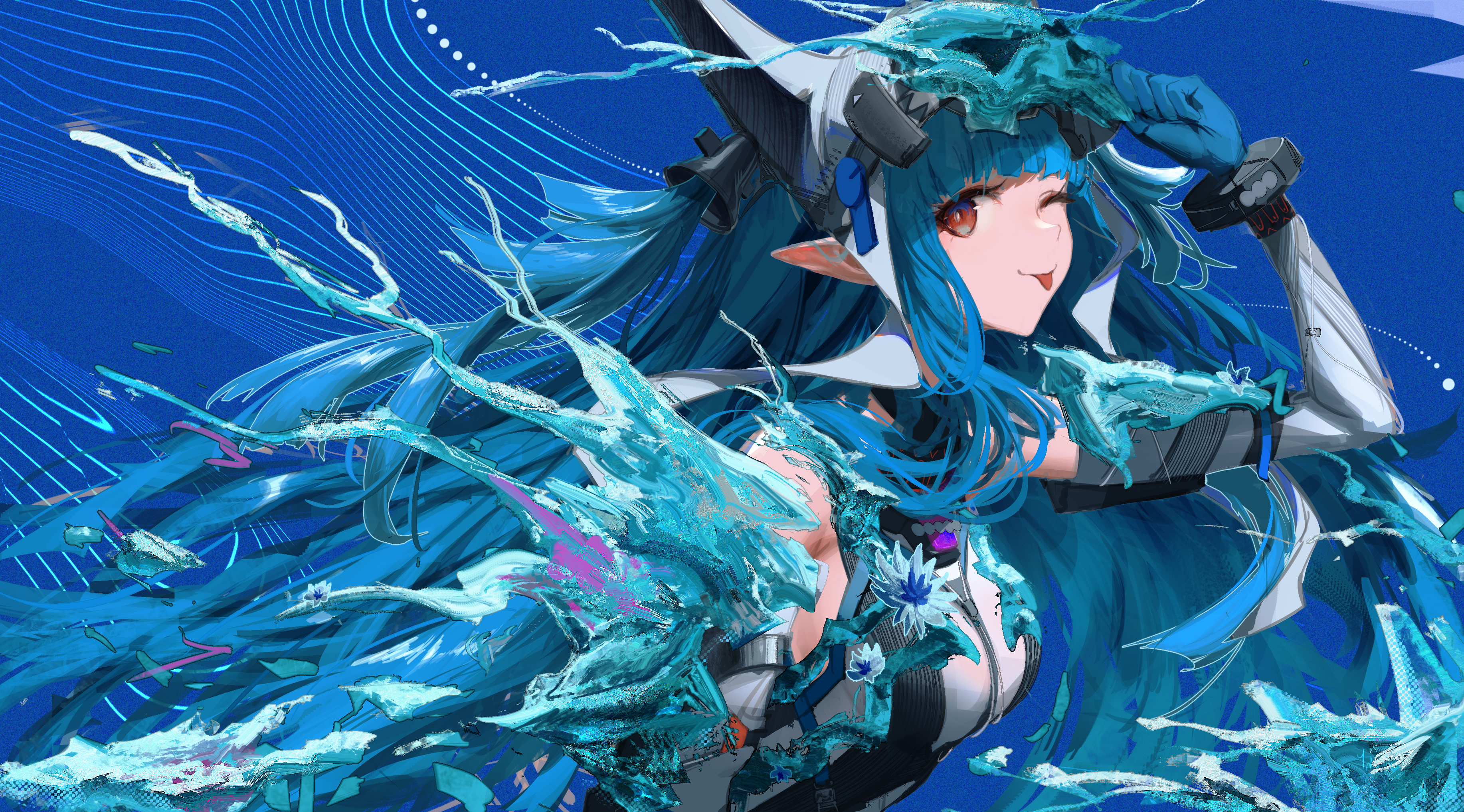 malai lo, last rite (arknights), arknights, arknights: endfield, absurdres, commentary, english commentary, highres, 1girl, bare shoulders, blue background, blue gloves, blue hair, blunt bangs, demon girl, demon horns, elevation contour lines, gloves, horns, ice, long hair, long sidelocks, looking at viewer, one eye closed, pointy ears, red eyes, sidelocks, solo, tongue, tongue out