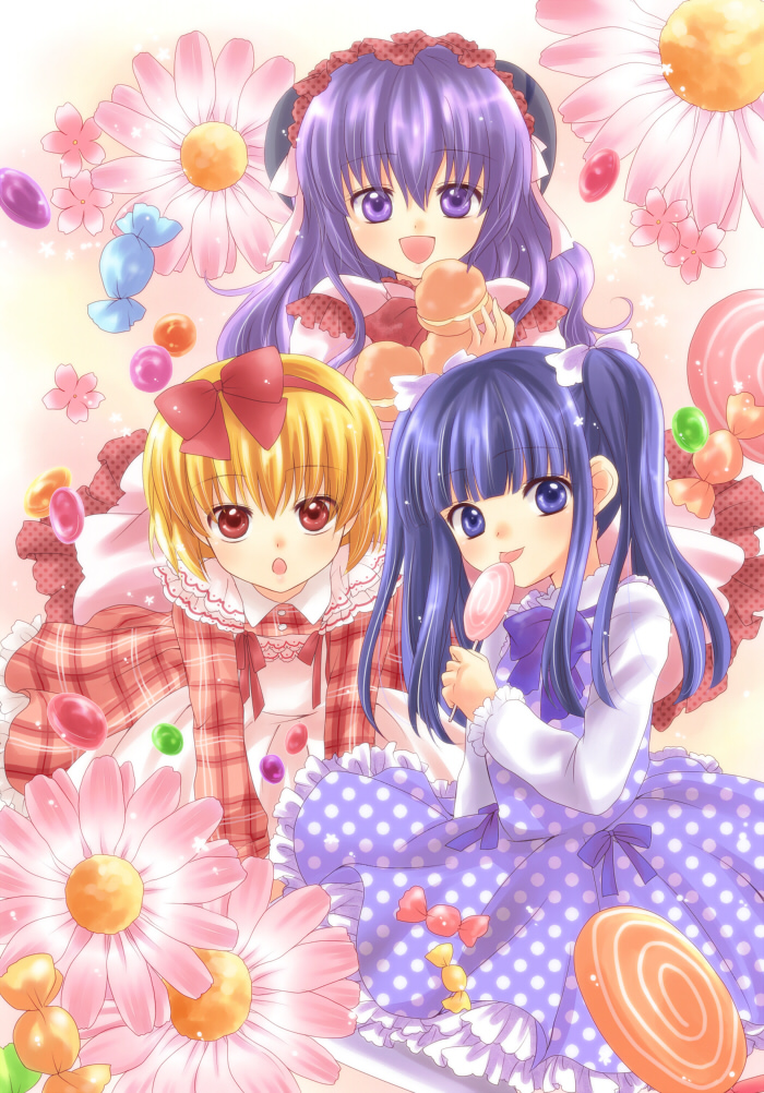 maekawa suu, furude rika, hanyuu, houjou satoko, higurashi no naku koro ni, plaid, blonde hair, blue eyes, blue hair, candy, cream puff, dress, flower, food, horns, licking, lollipop, long hair, pastry, polka dot, purple eyes, purple hair, red eyes, ribbon, short hair, swirl lollipop, twintails