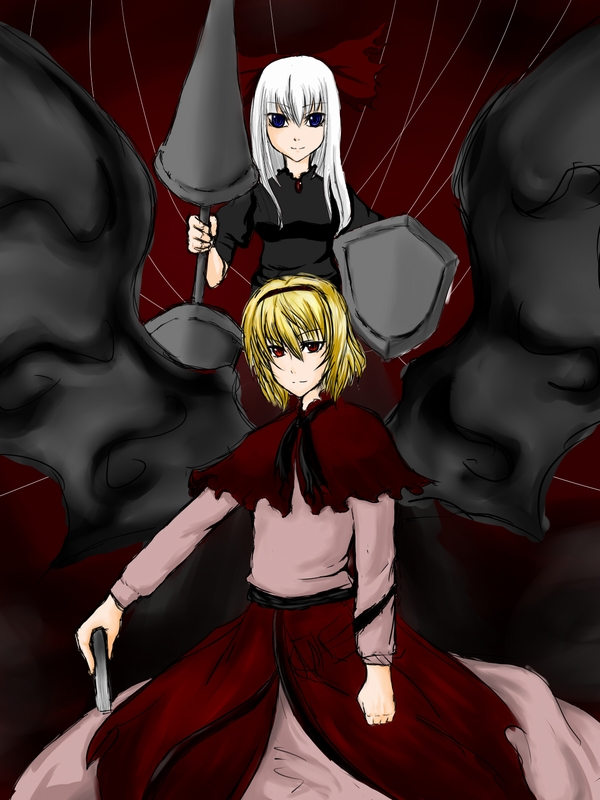 kusio, alice margatroid, shanghai doll, touhou, bad id, bad pixiv id, 2girls, alternate color, alternate costume, blonde hair, blue eyes, book, bow, doll, female focus, hairband, lance, long hair, multiple girls, polearm, red eyes, ribbon, shield, short hair, smile, spear, weapon, white hair, wings