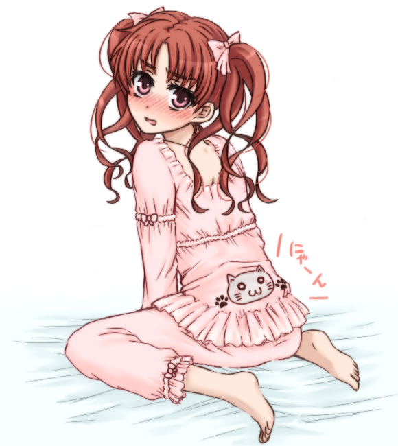 nmoo, shirai kuroko, toaru kagaku no railgun, toaru majutsu no index, bad id, bad pixiv id, 1girl, barefoot, blush, brown hair, cat, feet, female focus, long hair, looking back, pajamas, red eyes, sitting, sleepwear, solo, twintails, wariza