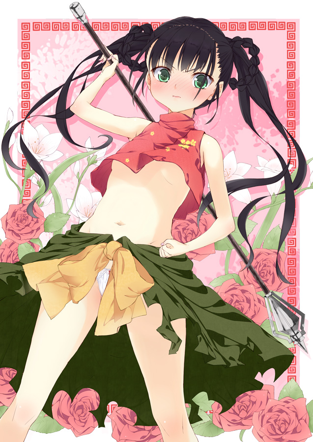 subachi, monk (sekaiju), monk 2 (sekaiju), atlus, etrian odyssey, bad id, bad pixiv id, 1girl, angry, black hair, blush, bow, female focus, flower, green eyes, hand on own hip, hip focus, long hair, navel, panties, rose, solo, staff, twintails, underwear