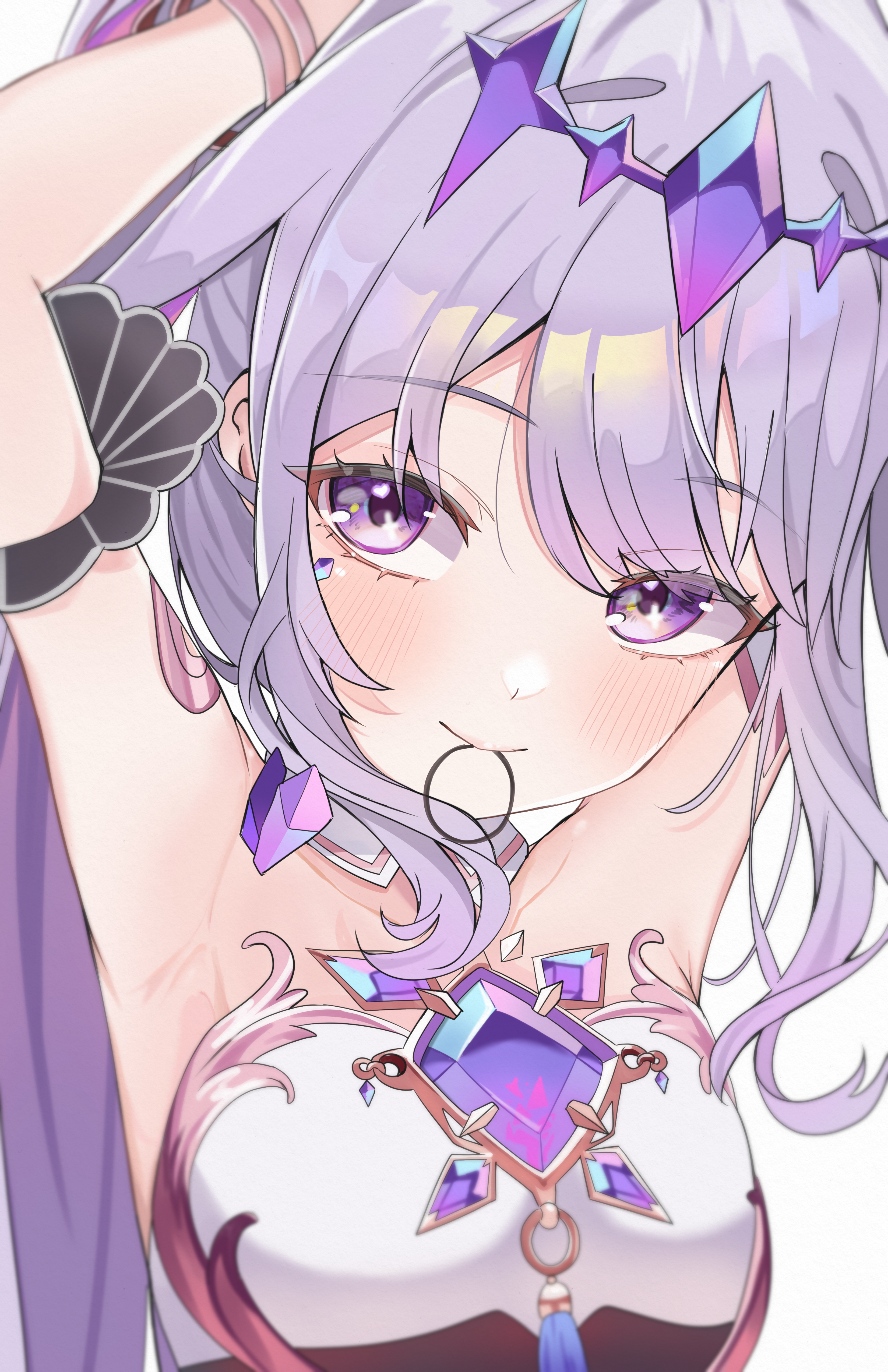 castellayaki, koseki bijou, koseki bijou (1st costume), hololive, hololive english, absurdres, commentary, english commentary, highres, 1girl, armpits, arms up, blush, bracelet, breasts, chest jewel, circlet, closed mouth, hair ornament, jewel under eye, jewelry, long hair, looking at viewer, mouth hold, presenting armpit, purple eyes, simple background, small breasts, solo, tying hair, upper body, virtual youtuber, white background