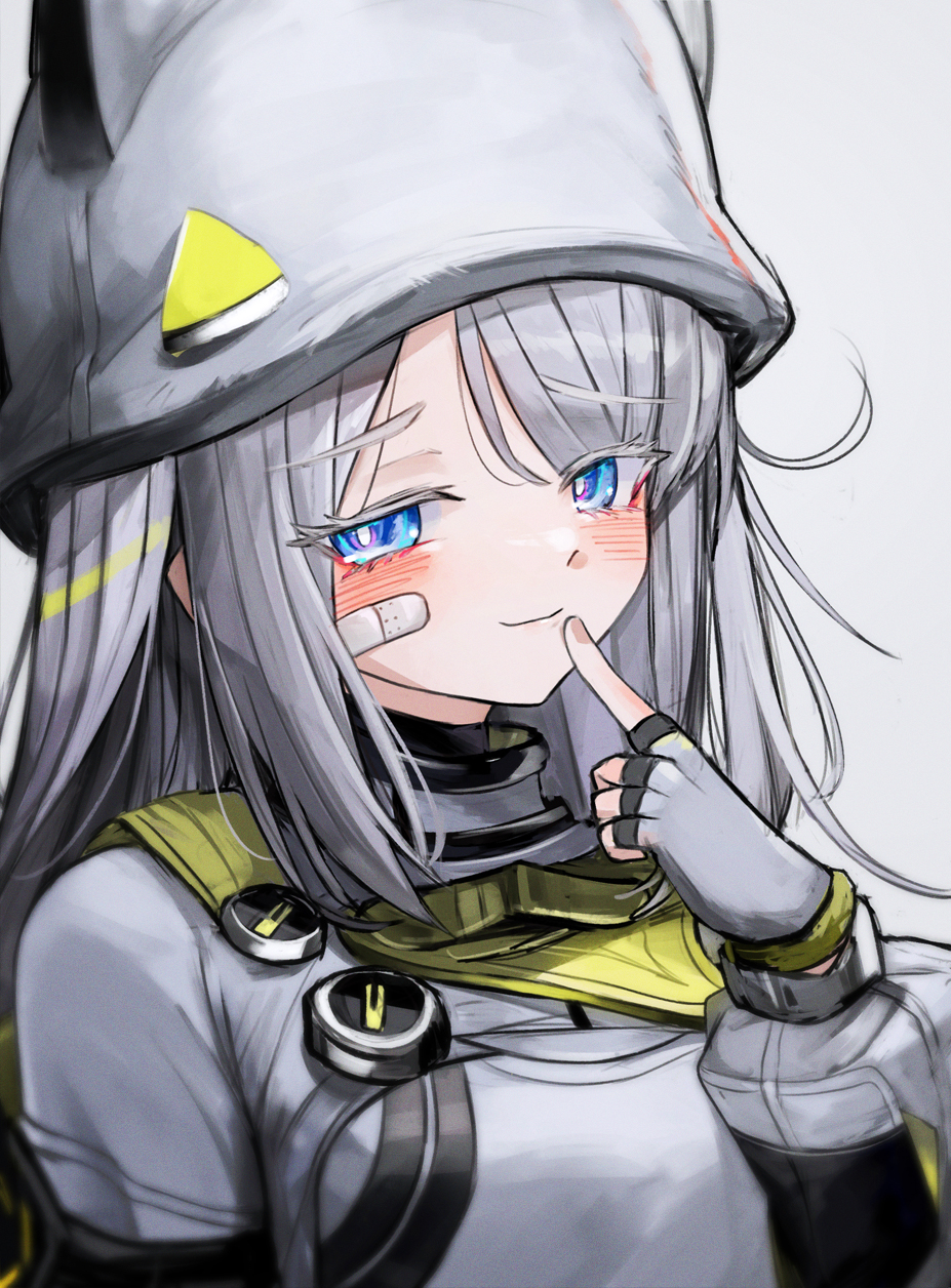 kari90909, estella (arknights), arknights, arknights: endfield, commentary, highres, 1girl, animal ear headwear, bandaid, bandaid on face, blue eyes, blush, breasts, colored eyelashes, fake animal ears, finger to mouth, fingerless gloves, gloves, grey gloves, grey hair, hat, looking at viewer, simple background, small breasts, smile, solo, upper body, white background, white hat