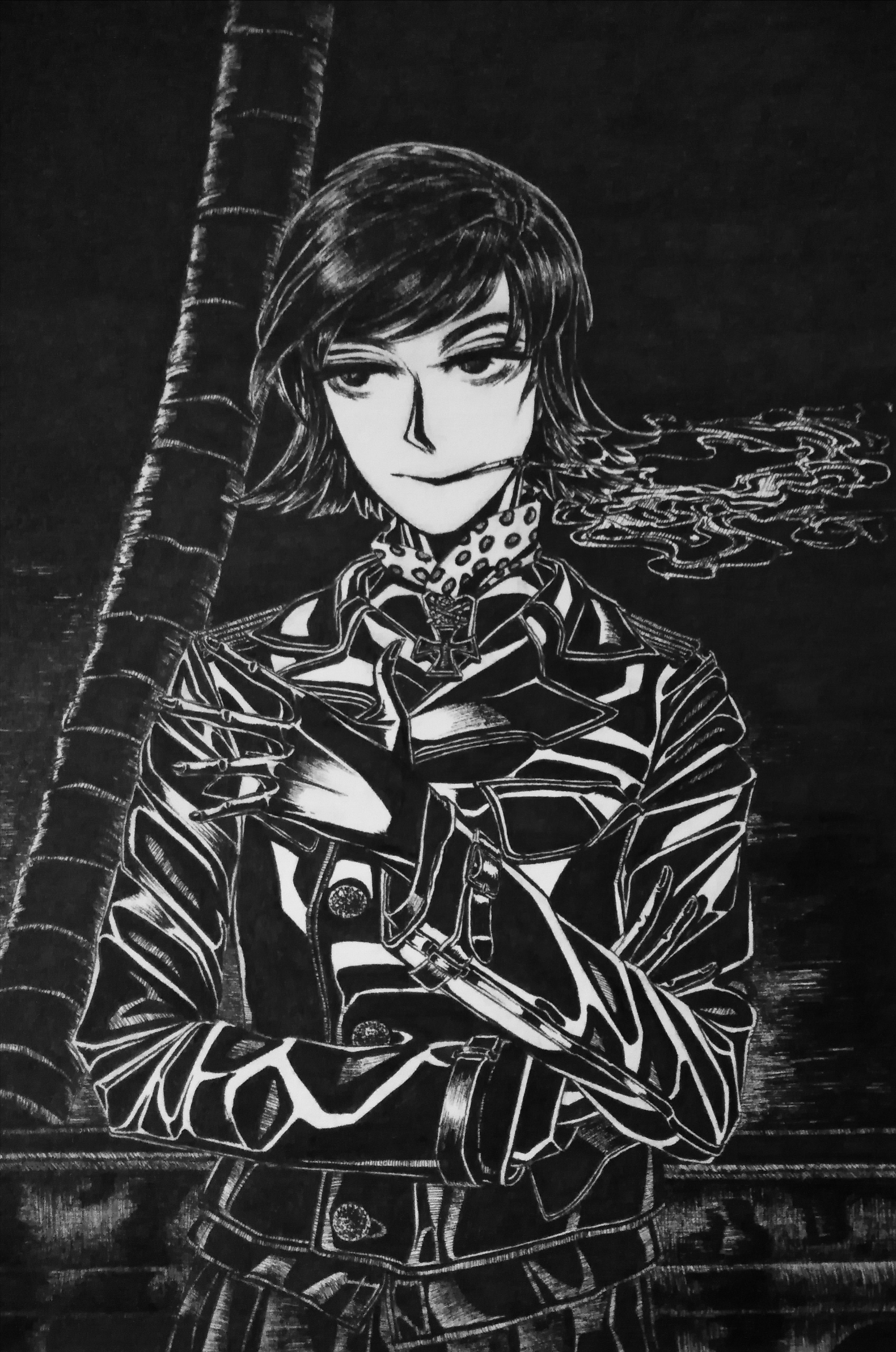 bordfunker133, original, real life, absurdres, check clothing, clothing request, commentary, english commentary, highres, 1girl, black gloves, bob cut, cigarette, cross, genderswap, genderswap (mtf), gloves, greyscale, hans-joachim marseille, iron cross, jacket, leather, leather jacket, lipstick, long sleeves, looking to the side, luftwaffe, makeup, marseille-chan (bordfunker133), medium hair, monochrome, narrowed eyes, nazi, smile, smoke, smoking, solo, world war ii