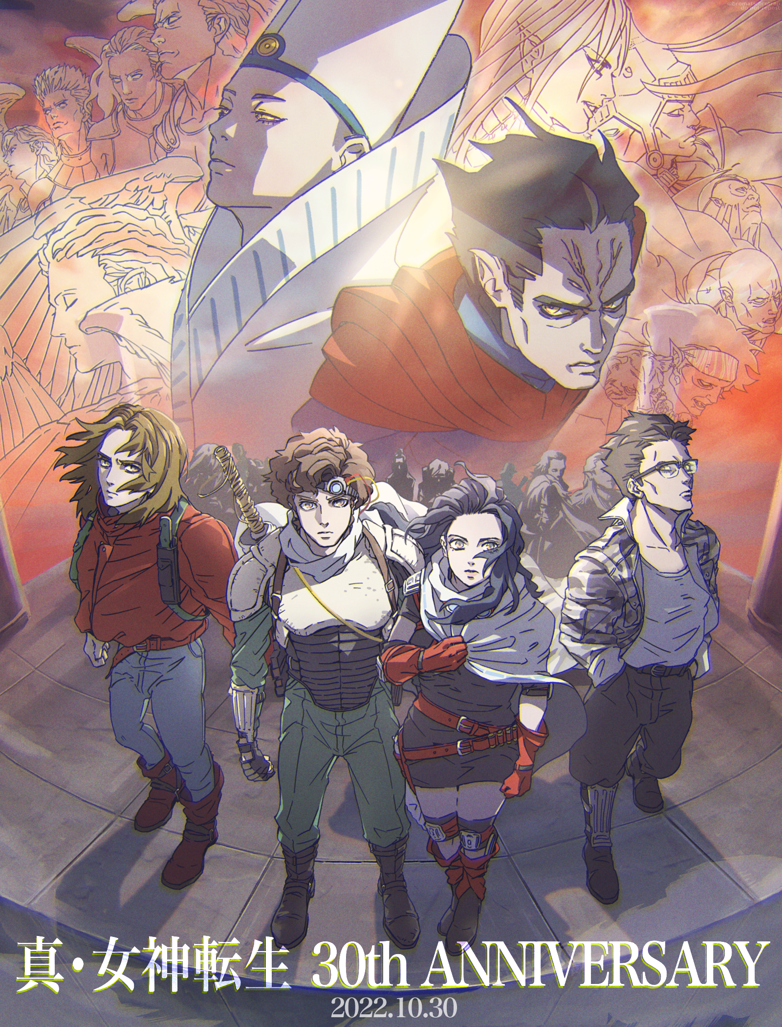 tori (bromaticbrotrap), comp (megami tensei), kazuya (megami tensei), takeshi (megami tensei), yuji (megami tensei), yuka (megami tensei), shin megami tensei, shin megami tensei i, character request, commentary request, highres, 6+boys, 6+girls, adjusting clothes, anniversary, arm at side, armor, bandana, black dress, black pants, black shoes, body armor, bodysuit, boots, breastplate, brown eyes, brown hair, capelet, cargo pants, clenched hands, coat, copyright name, dappled sunlight, dated, demon (megami tensei), denim, different zoom layer, dress, drop shadow, evening, facing viewer, gauntlets, glasses, gloves, green pants, hair slicked back, hand on another's chest, hands in pockets, jeans, knee pads, light particles, looking up, military coat, multiple boys, multiple girls, open clothes, open coat, outdoors, pants, parted hair, pillar, popped collar, red boots, red coat, red gloves, scabbard, scar, scar on face, sheath, sheathed, shirt, shoes, shoulder pads, sleeves rolled up, sunlight, sword, sword on back, tile floor, tiles, wavy hair, weapon, weapon on back, white bandana, white capelet, white shirt, wind
