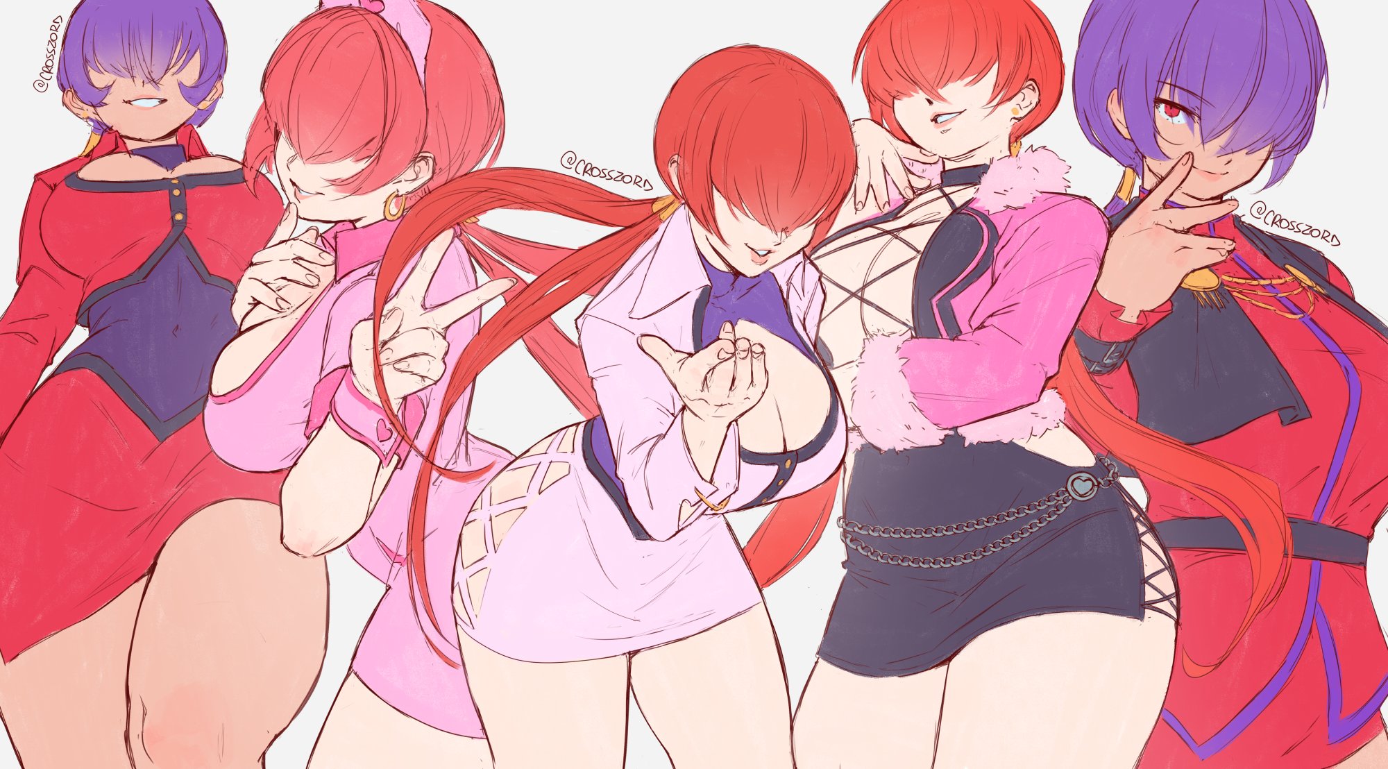 crosszord, orochi shermie, shermie (kof), the king of fighters, the king of fighters '97, the king of fighters xv, commentary, highres, 2girls, black dress, breasts, come hither, dark persona, dress, dual persona, hair over eyes, hair over one eye, jacket, large breasts, leaning forward, long hair, multiple girls, pink jacket, purple hair, red eyes, red hair, short dress, smile