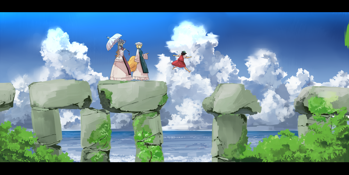 garnet, chen, yakumo ran, yakumo yukari, touhou, 3girls, blonde hair, brown hair, cloud, day, dress, female focus, hat, jumping, landscape, letterboxed, moss, multiple girls, ocean, parasol, pillar, red dress, ruins, scenery, tail, umbrella, water, white dress