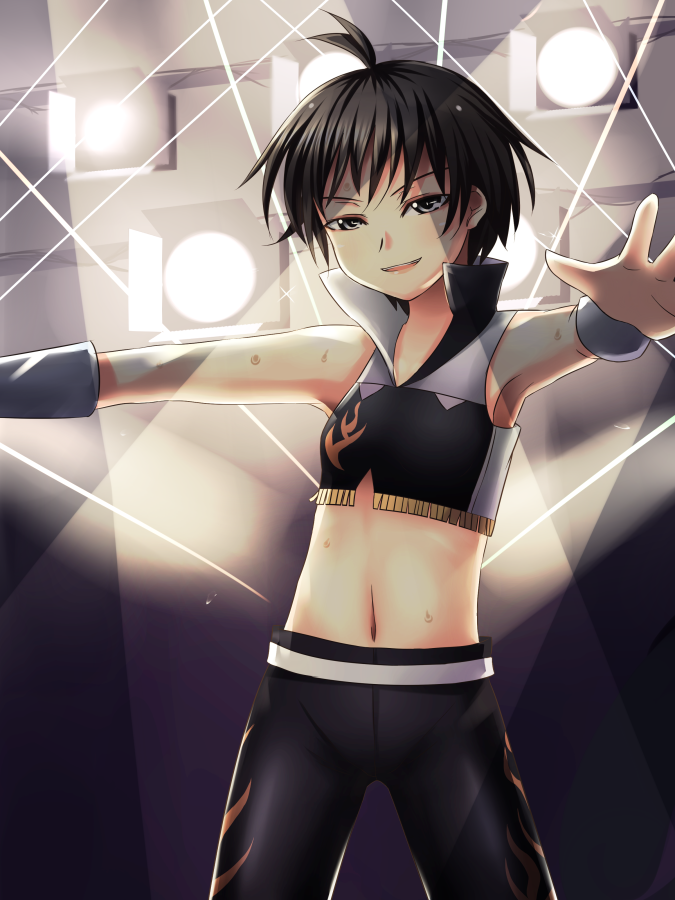tog (shoten), kikuchi makoto, idolmaster, idolmaster (classic), 1girl, ahoge, black hair, cool & sexy (idolmaster), female focus, midriff, navel, pants, short hair, solo, stage lights, sweat, wrist cuffs