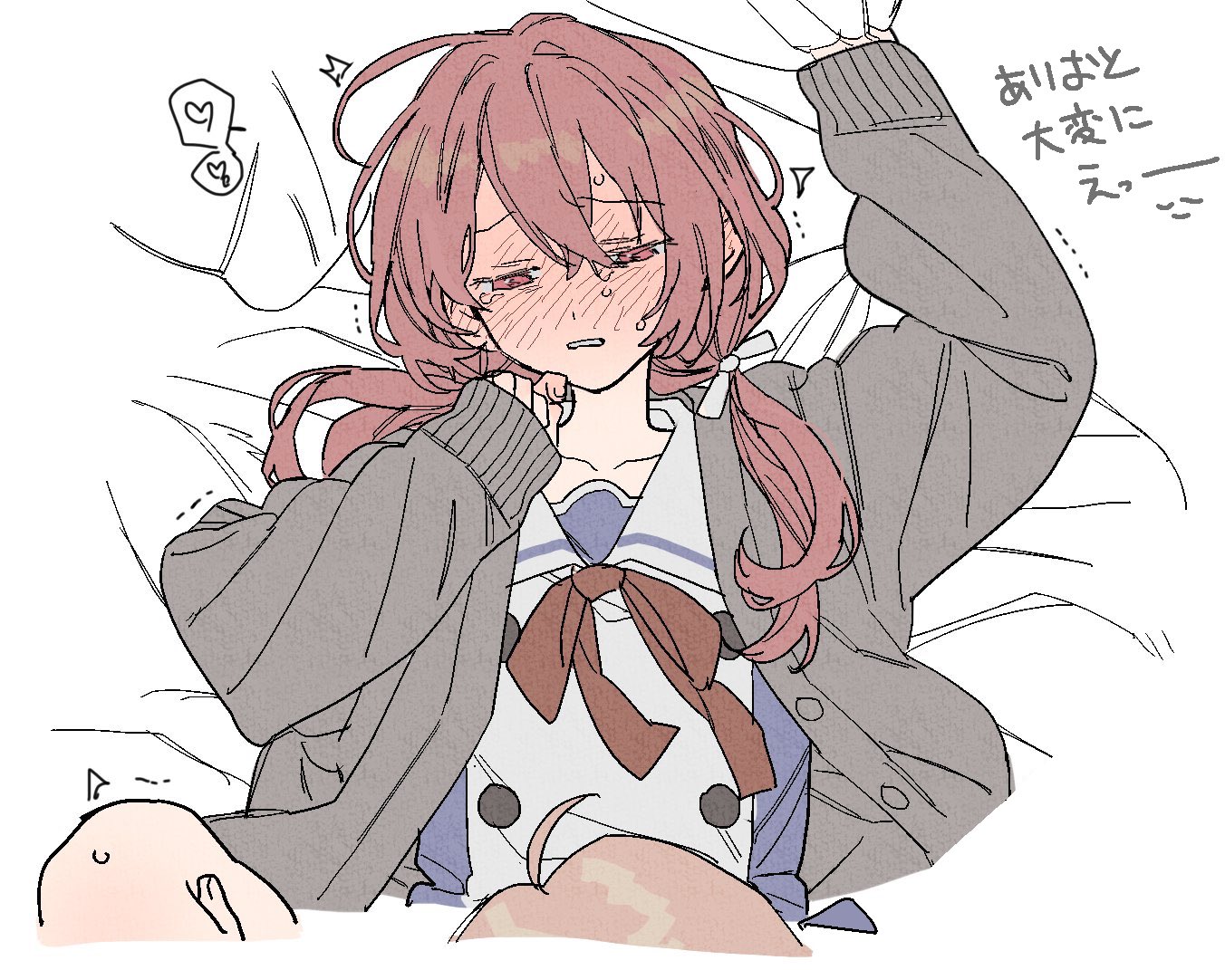 dayama, character request, commentary request, copyright request, translation request, blush, bow, buttons, cardigan, clenched teeth, collarbone, crying, crying with eyes open, girl on top, hair between eyes, hair bow, half-closed eyes, heart, long hair, open cardigan, open clothes, pink hair, pov, red hair, red ribbon, ribbon, spoken heart, sweat, tears, teeth, white background, white bow, yuri