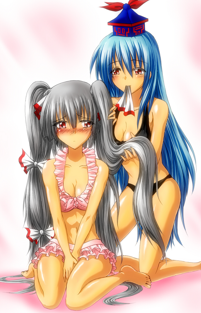 yamamoto arifred, fujiwara no mokou, kamishirasawa keine, touhou, 2girls, barefoot, between thighs, bikini, blush, breasts, cleavage, female focus, frills, hairdressing, kneeling, long hair, medium breasts, mouth hold, multiple girls, swimsuit, thighs, twintails, v arms, very long hair