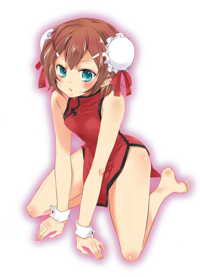kinoshita hideyoshi, baka to test to shoukanjuu, 1boy, blush, china dress, chinese clothes, covered erect nipples, crossdressing, crossdressing (mtf), double bun, dress, feet, full body, gradient background, hair bun, kneeling, male focus, nipples, short hair, solo, trap
