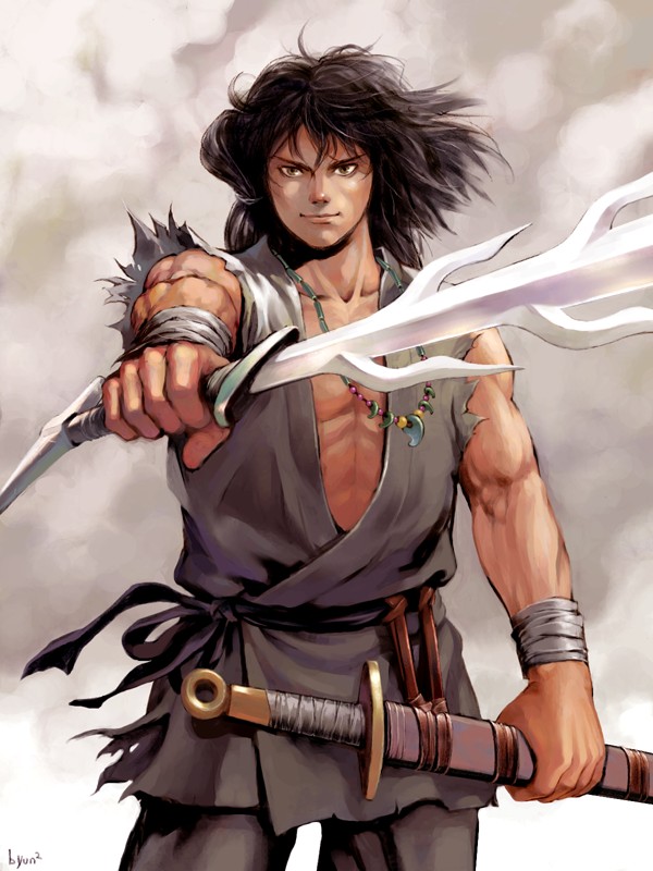 tsuzuki kazuhiko, original, bad id, 1boy, artist name, black hair, black sash, brown eyes, closed mouth, cowboy shot, grey pants, hair half undone, hair rings, holding, holding sheath, holding sword, holding weapon, japanese clothes, jewelry, looking at viewer, magatama, magatama necklace, male focus, medium hair, mizura, muscular, muscular male, necklace, nihongami, outstretched arm, pants, sash, seven-branched sword, sheath, sheathed, smile, solo, standing, sword, torn clothes, weapon, wristband