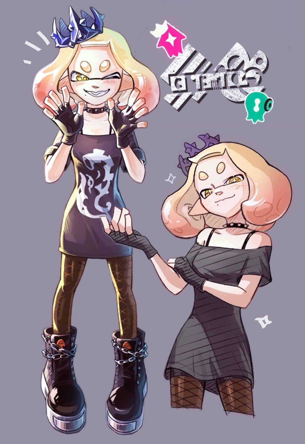pearl (splatoon), pearl (springfest) (splatoon), nintendo, splatoon (series), splatoon 2, commentary, english commentary, highres, black boots, boots, chain, choker, collar, crown, fingerless gloves, fishnet pantyhose, fishnets, gloves, gradient hair, ink 8pm, inkling, medium hair, mole, mole under mouth, multicolored hair, off-shoulder shirt, off shoulder, one eye closed, pantyhose, pink hair, shirt, short bangs, short eyebrows, smile, spiked collar, spikes, tentacle hair, thick eyebrows, white hair, yellow eyes