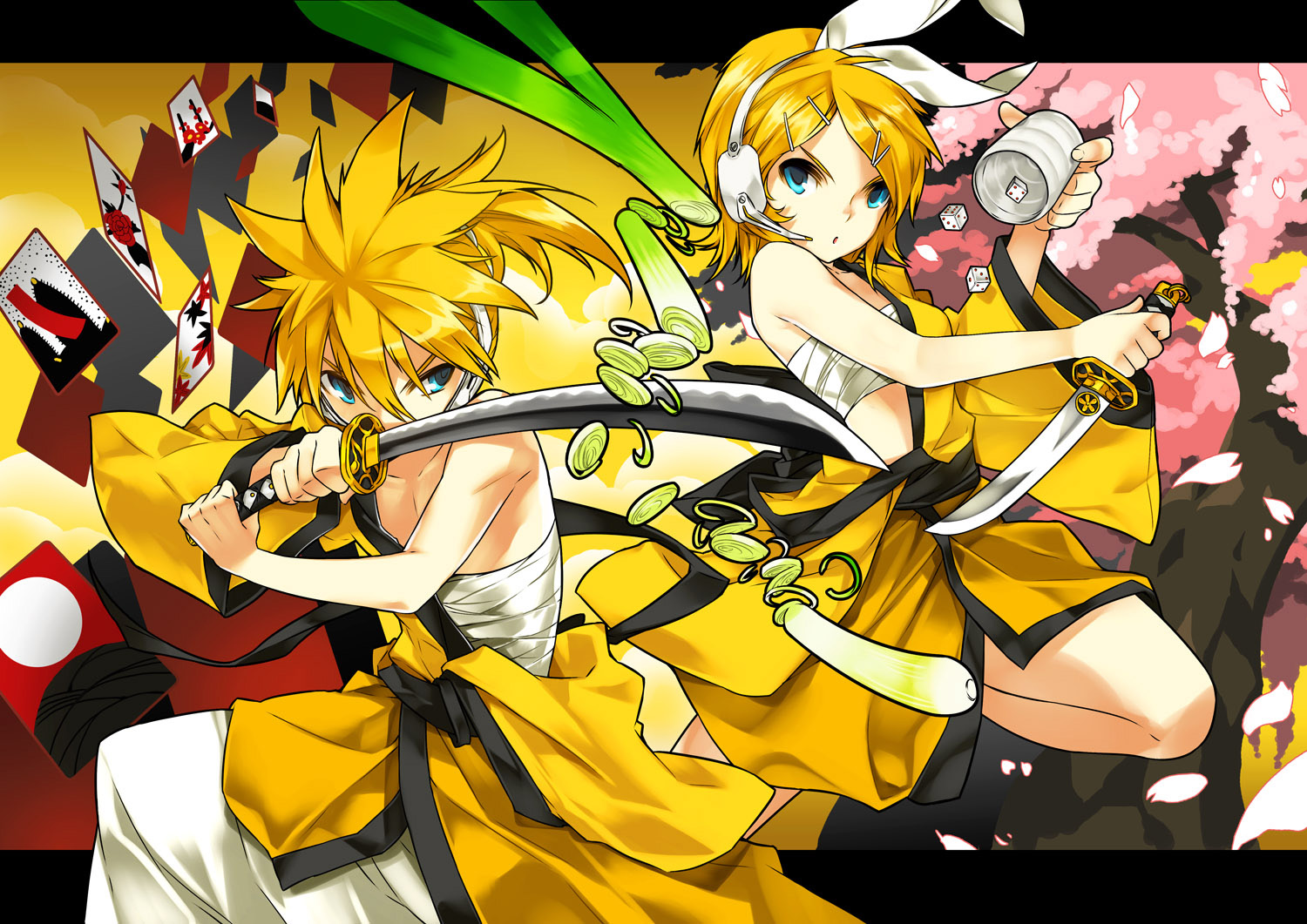 ress, kagamine len, kagamine rin, gekokujou (vocaloid), vocaloid, 1boy, 1girl, blonde hair, blue eyes, brother and sister, card, cherry blossoms, cup, dagger, dice, fighting stance, floating card, hair between eyes, hair ornament, hair ribbon, hairclip, hanafuda, headset, holding, holding sword, holding weapon, japanese clothes, knife, outside border, petals, reverse grip, ribbon, sarashi, siblings, slashing, spring onion, sword, twins, weapon, yunomi