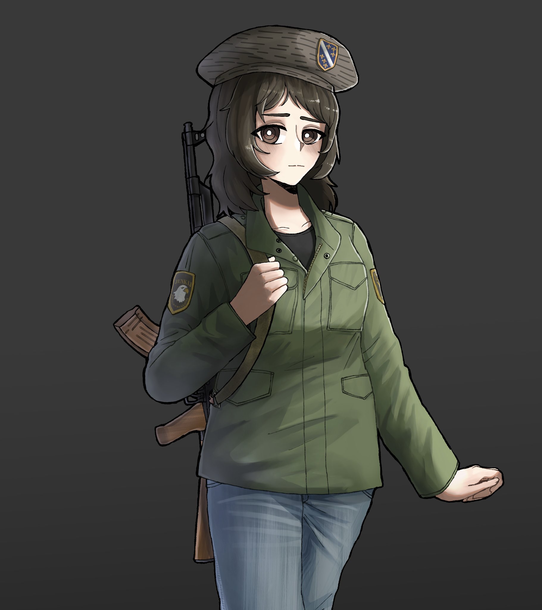 original, commentary, english commentary, highres, ak-47, assault rifle, beret, bosnia and herzegovina, brown eyes, brown hair, denim, green jacket, gun, hana muratovic, hat, jacket, jashin gopnik, jeans, kalashnikov rifle, nervous, pants, rifle, strichtarn, weapon