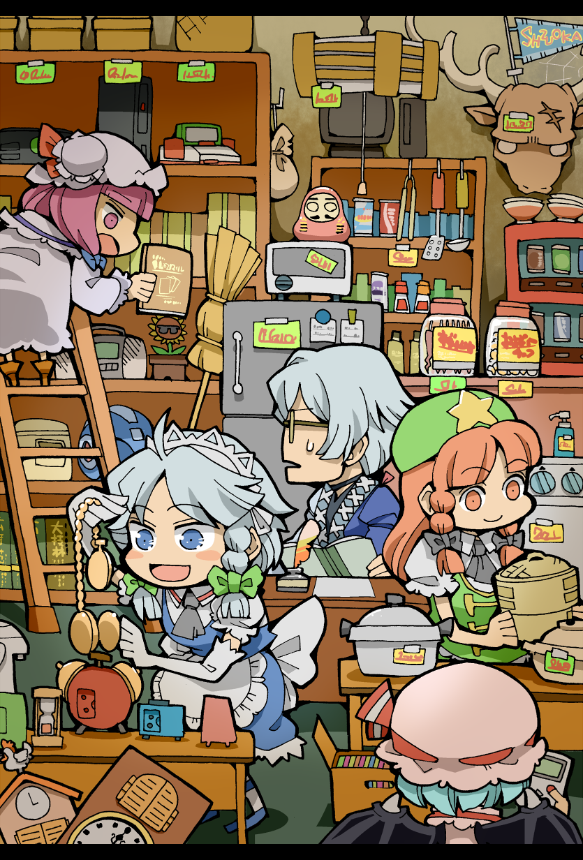 hounori, hong meiling, izayoi sakuya, morichika rinnosuke, patchouli knowledge, remilia scarlet, capcom, embodiment of scarlet devil, mega man (classic), mega man (series), touhou, highres, 1boy, 4girls, absurdly detailed composition, alarm clock, bamboo steamer, book, broom, clock, daruma doll, doll, famicom, game boy, game boy (original), game console, handheld game console, hourglass, inkwell, kourindou, ladle, loaded interior, multiple girls, pennant, pocket watch, quill, refrigerator, rice cooker, room, spatula, stereo, stove, tongs, watch, xbox (original)