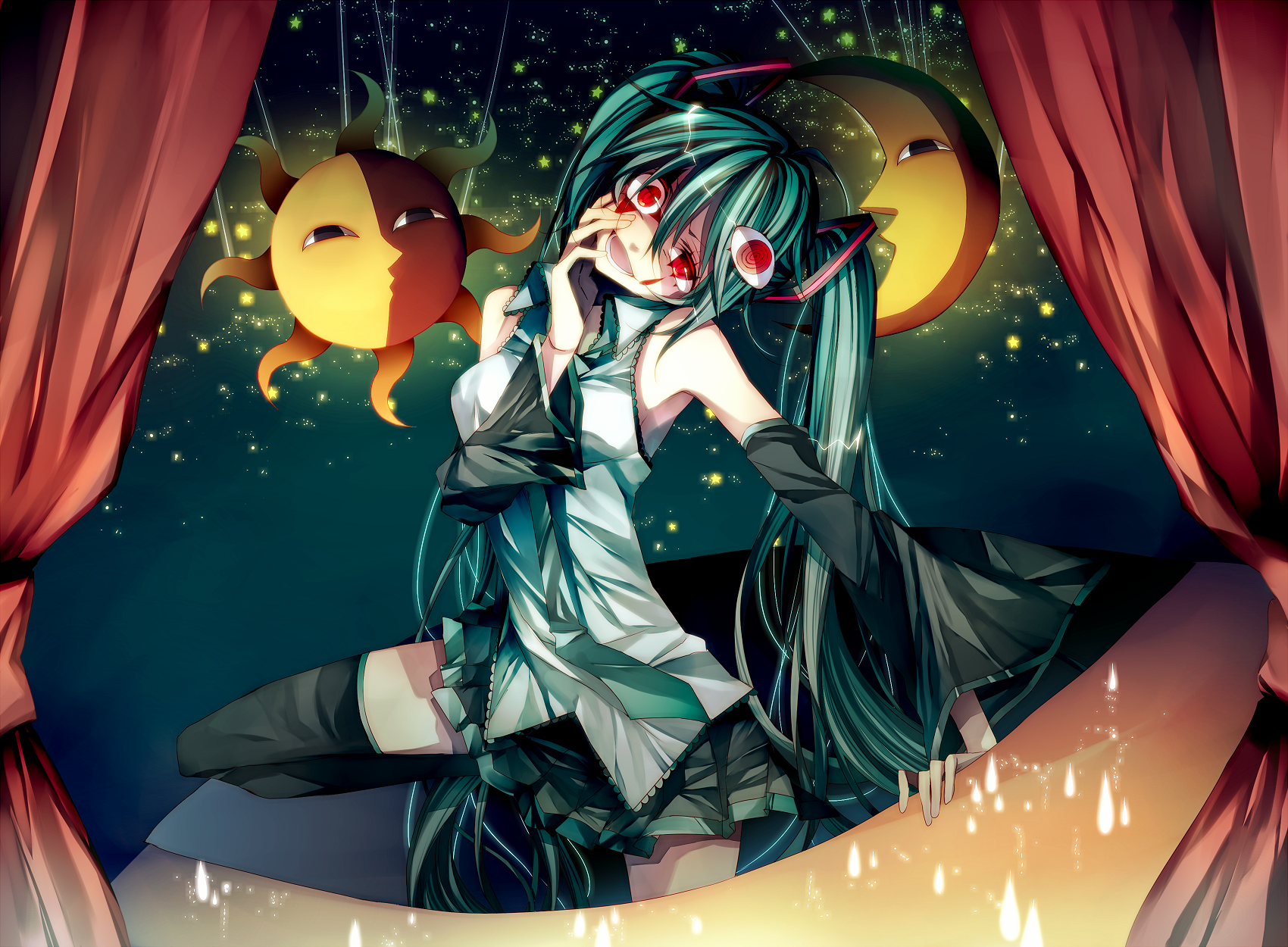 tsukioka tsukiho, hatsune miku, petenshi ga warau koro ni (vocaloid), vocaloid, highres, 1girl, aqua hair, crazy eyes, creepy, curtains, detached sleeves, female focus, hair ornament, hairclip, horror (theme), long hair, moon, necktie, red eyes, skirt, solo, stage, sun, thighhighs, twintails, very long hair