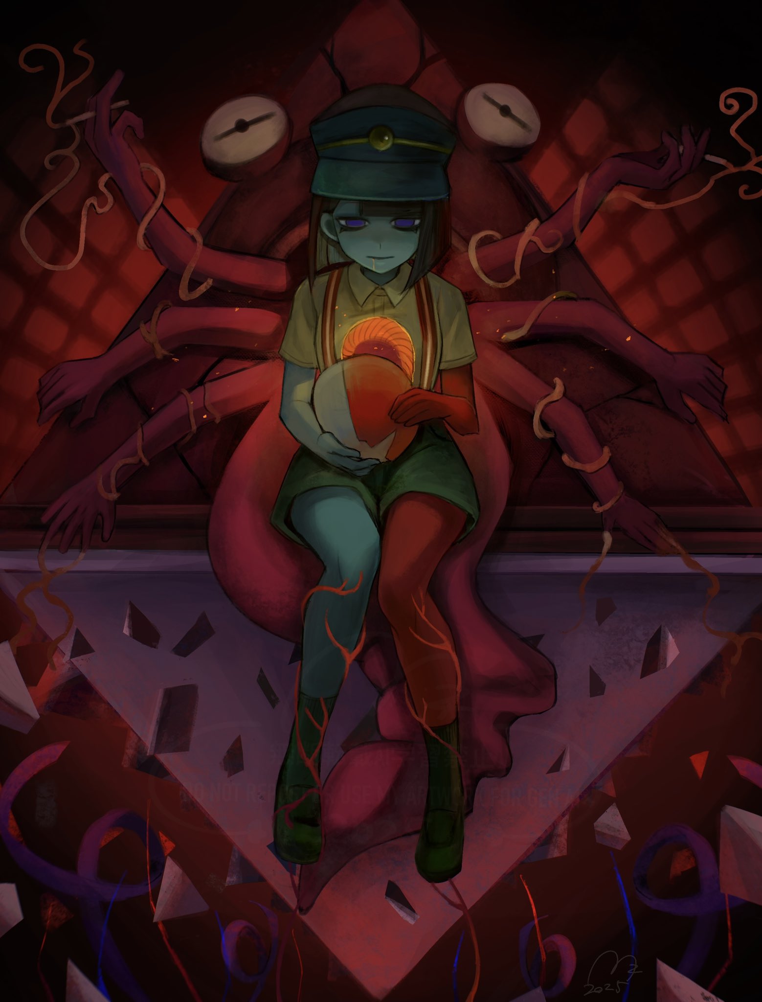 usagimarumei, ena (dream bbq), hangover ena, ena: dream bbq, ena (series), commentary, highres, symbol-only commentary, 1girl, black hair, blue skin, blunt bangs, blunt ends, bob cut, colored skin, drooling, ena (species), green hat, hat, holding, holding mask, hole in chest, hole on body, mask, multicolored skin, red skin, shirt, short sleeves, solo, split-color skin, surreal, tongue, tongue out, two-tone skin, unworn mask, veins