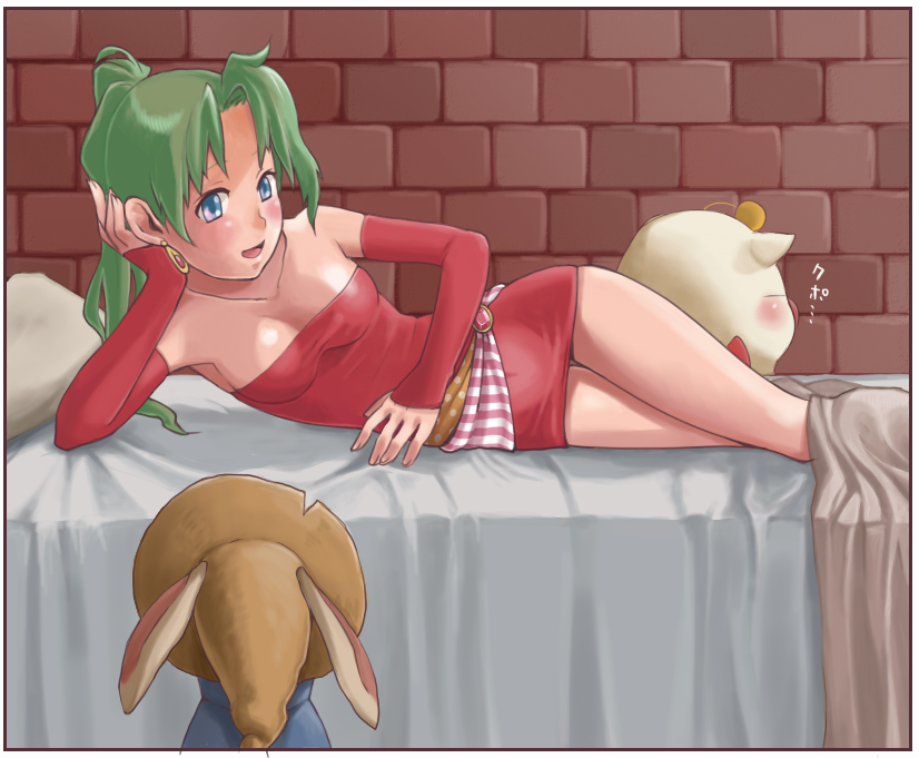 sarapowa, moogle, tina branford, final fantasy, final fantasy vi, 1990s (style), 1girl, bare shoulders, bed, blue eyes, blush, breasts, detached sleeves, dress, earrings, female focus, green hair, jewelry, long hair, lying, open mouth, ponytail, solo