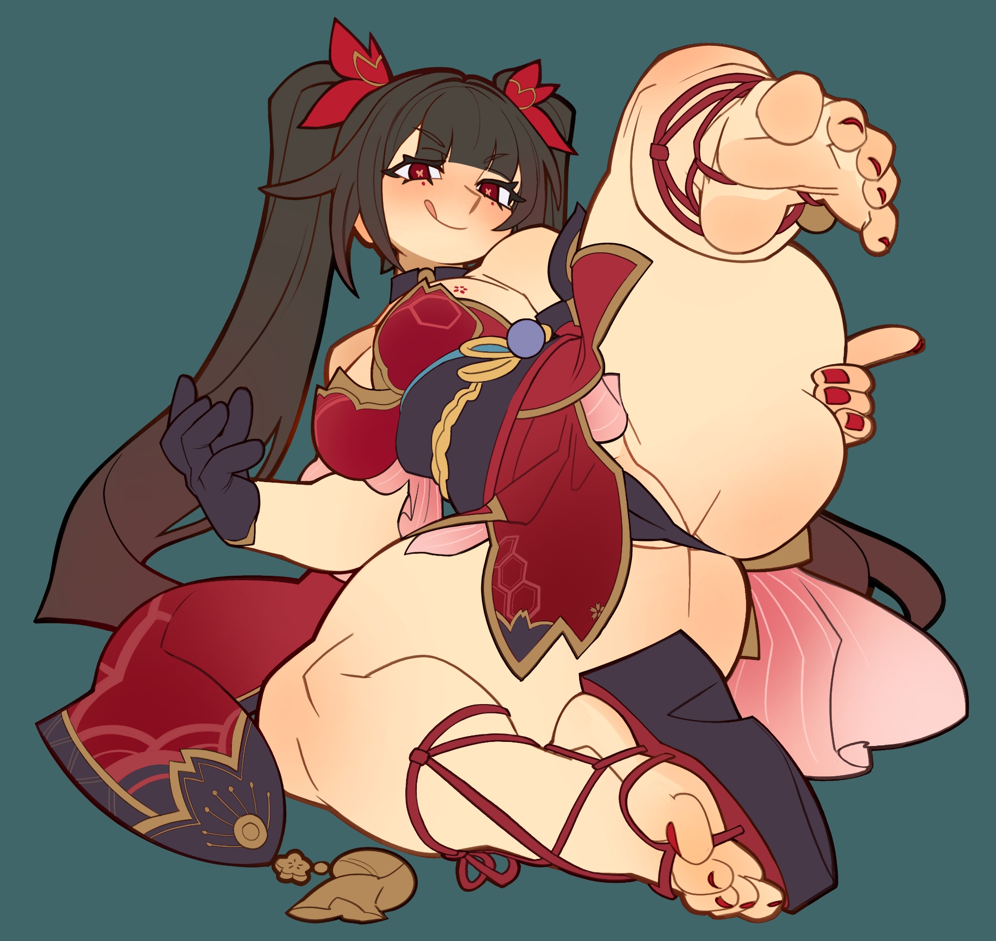 nezo, sparkle (honkai: star rail), honkai: star rail, honkai (series), commentary, english commentary, highres, 1girl, barefoot, black gloves, blush, breasts, cameltoe, closed mouth, dress, eyebrows hidden by hair, full body, gloves, green background, hand on own thigh, large breasts, leg up, licking lips, long hair, looking at viewer, mole, mole under each eye, mole under eye, multiple moles, nail polish, okobo, platform sandals, red dress, red eyes, sandals, shoes, simple background, single shoe, sitting, smile, solo, spread legs, strapless, strapless dress, toenail polish, toenails, tongue, tongue out, twintails, very long hair