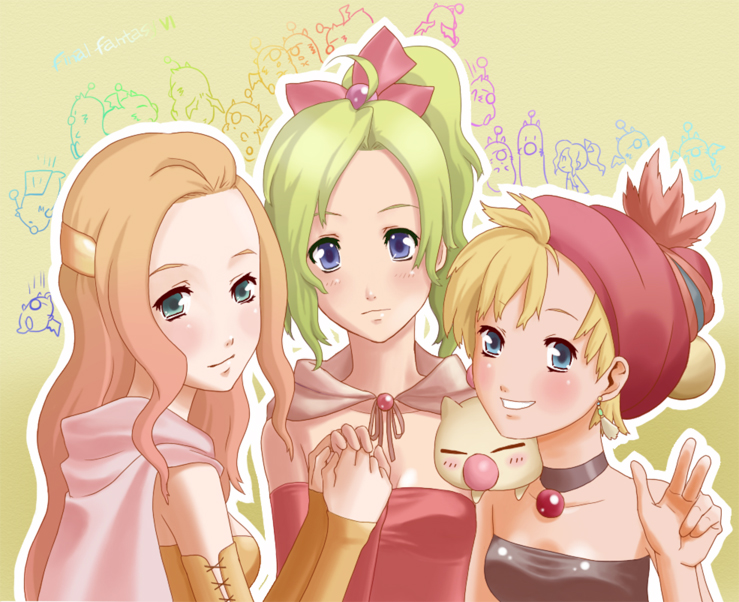 sarapowa, celes chere, moogle, relm arrowny, tina branford, final fantasy, final fantasy vi, 1990s (style), 3girls, bandana, blonde hair, blue eyes, cape, choker, detached sleeves, female focus, green eyes, green hair, holding hands, long hair, multiple girls, ponytail, red ribbon, ribbon, short hair, smile