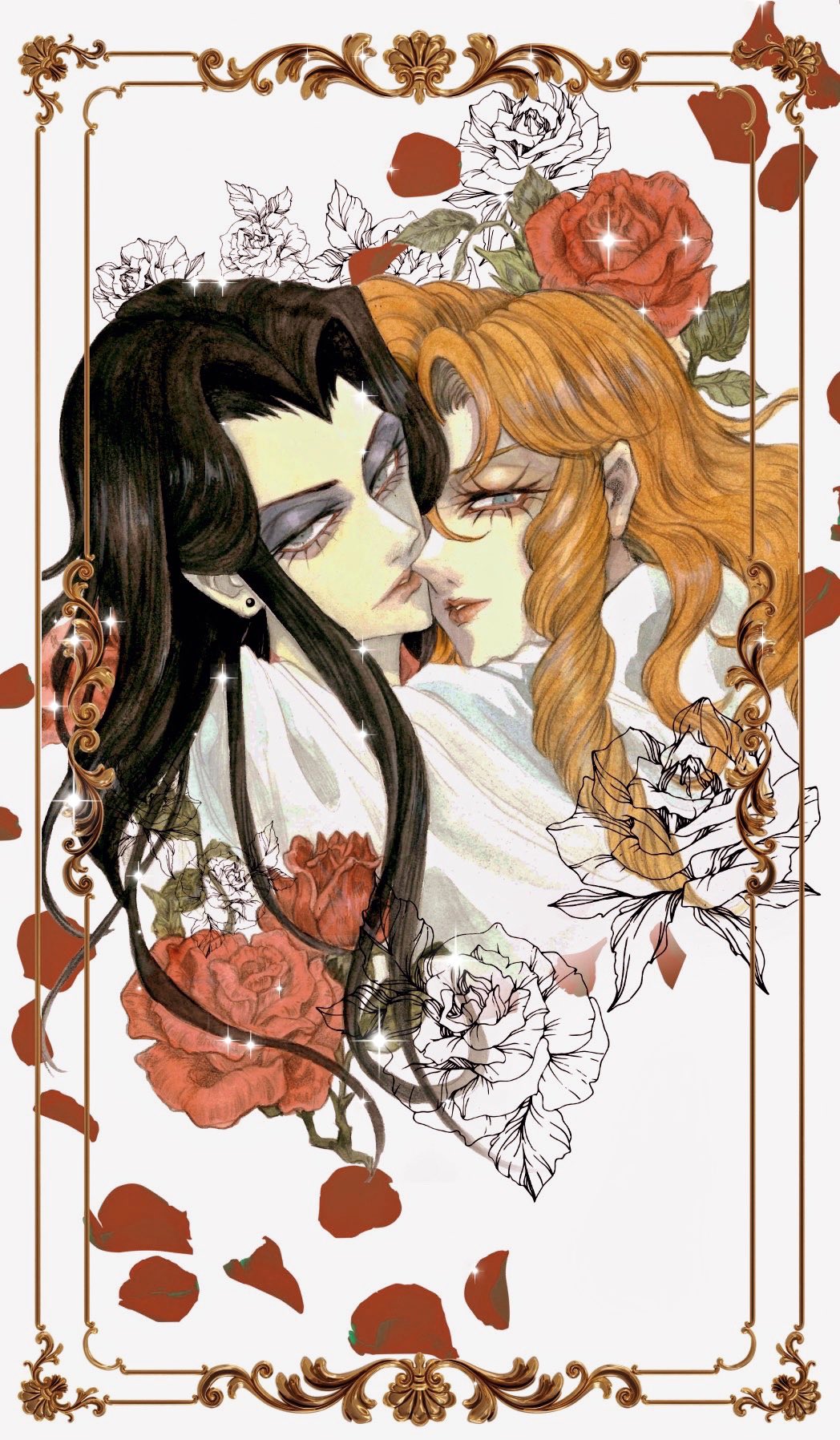 urkme95, jack barbarosa bancoran, maraich juschenfe, patalliro!, commentary request, highres, 2boys, androgynous, bishounen, black hair, eyeshadow, flower, heads together, lips, long hair, looking at viewer, makeup, multiple boys, orange hair, petals, portrait, rose, rose petals, simple background