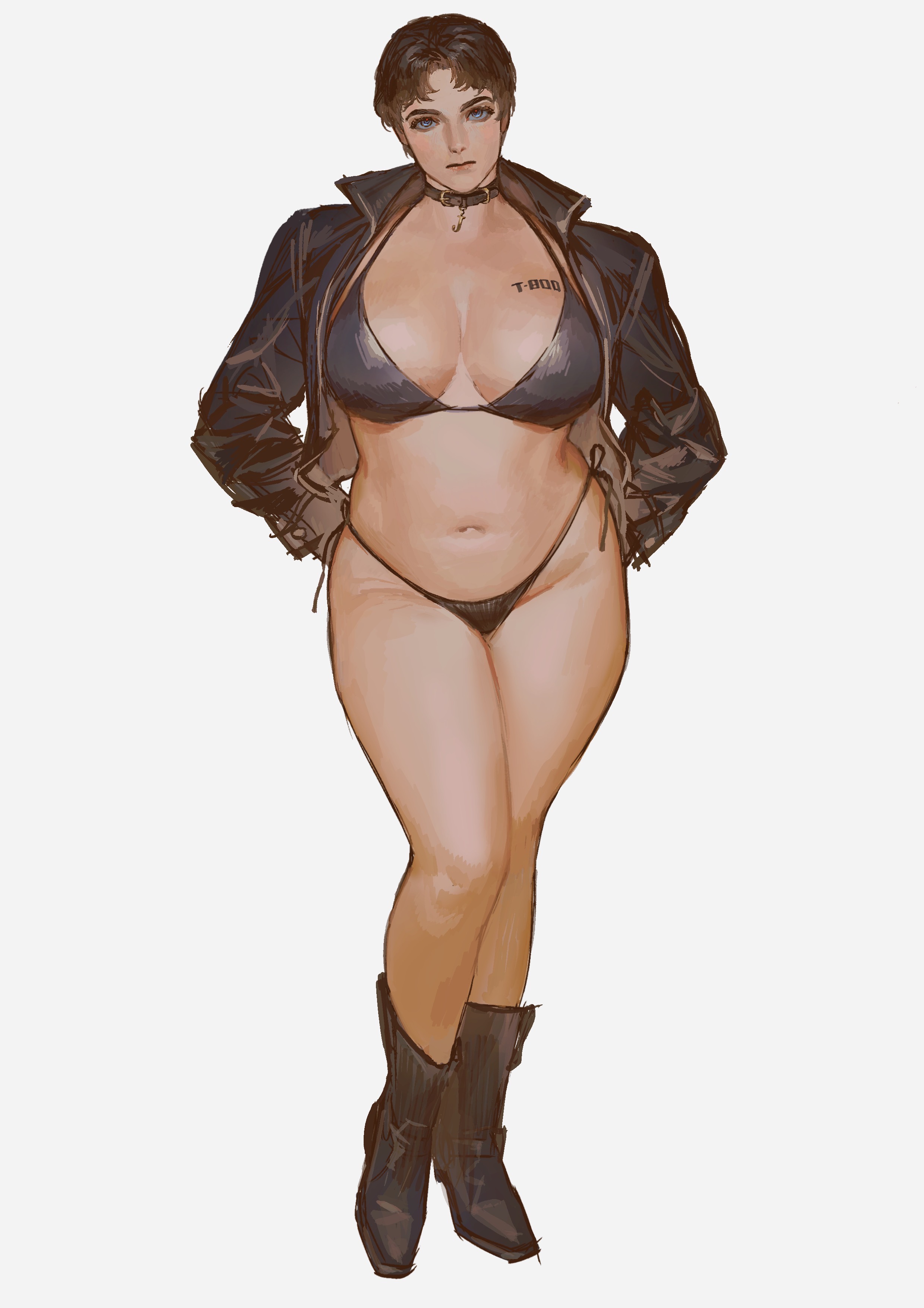 rora (auroradiation), original, terminator (series), absurdres, bad id, bad twitter id, commentary, english commentary, highres, 1girl, animal collar, arms behind back, belly, bikini, black bikini, black boots, black collar, black hair, black jacket, blue eyes, boots, breast tattoo, breasts, closed mouth, collar, curtained hair, expressionless, full body, head tilt, hip dips, jacket, large breasts, leather, leather boots, leather jacket, long sleeves, looking at viewer, navel, open clothes, open jacket, parted bangs, plump, popped collar, short hair, simple background, skindentation, solo, standing, straight-on, string bikini, swimsuit, tattoo, tia (auroradiation), very short hair, white background, wide hips