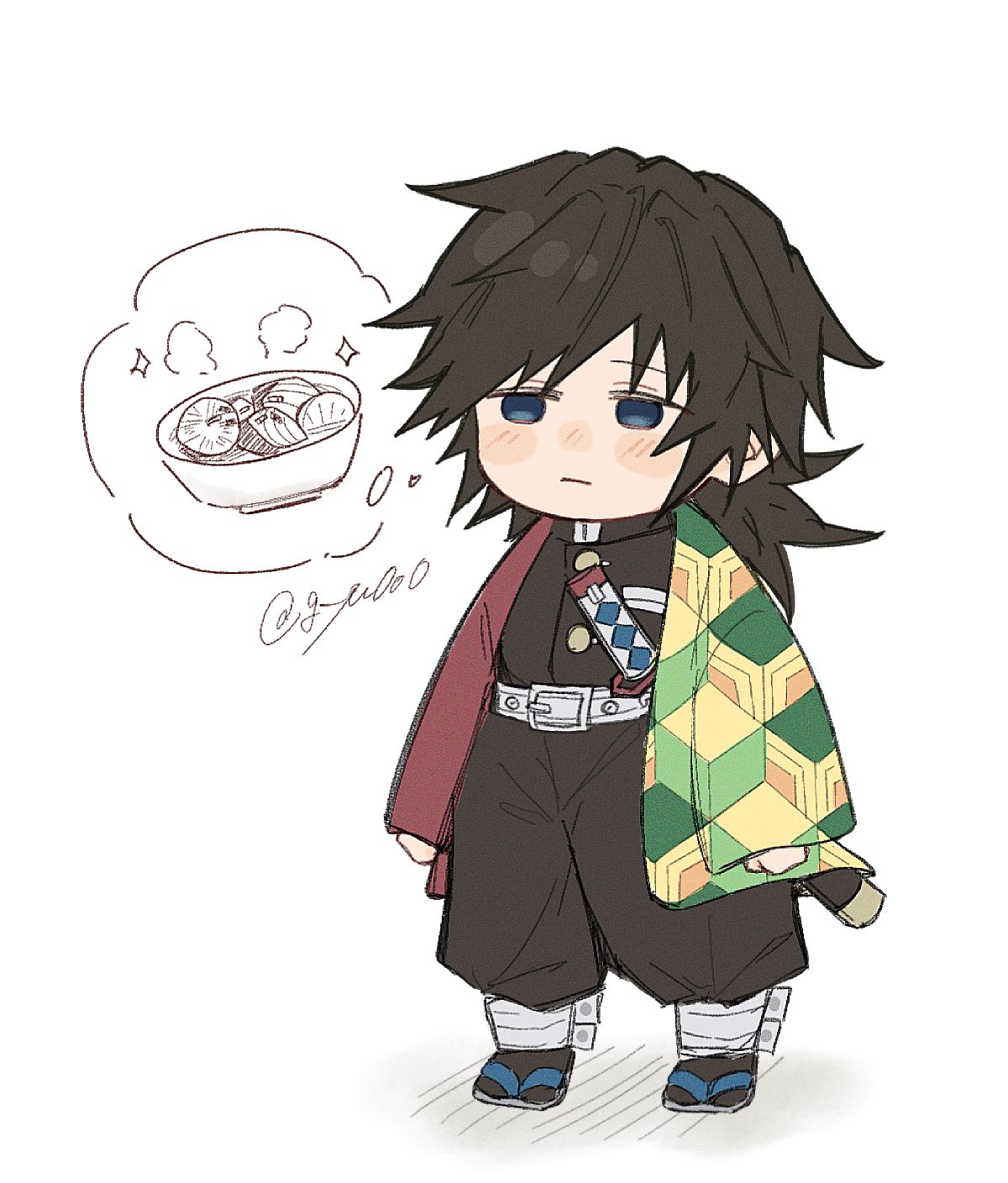 tomioka giyuu, kimetsu no yaiba, commentary request, highres, 1boy, belt, black hair, black jacket, black pants, black socks, blue eyes, buttons, chibi, chibi only, demon slayer uniform, empty eyes, food, full body, g yu0o0, gold buttons, haori, high collar, jacket, japanese clothes, katana, kikkoumon, long hair, low ponytail, male focus, pants, ponytail, print haori, red haori, sandals, shadow, simple background, socks, solo, spiked hair, standing, sword, twitter username, weapon, white belt
