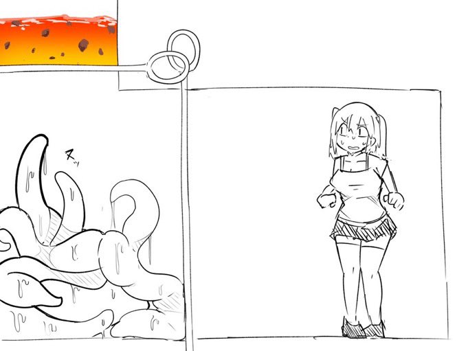 nakineiriko (dafdafson), original, 1girl, breasts, cleavage, clenched hands, collarbone, escape ad, frown, large breasts, lava, long hair, miniskirt, nervous sweating, open mouth, parody, shoes, short twintails, sketch, skirt, slit pupils, standing, sweat, tank top, tentacles, thighhighs, twintails, worried