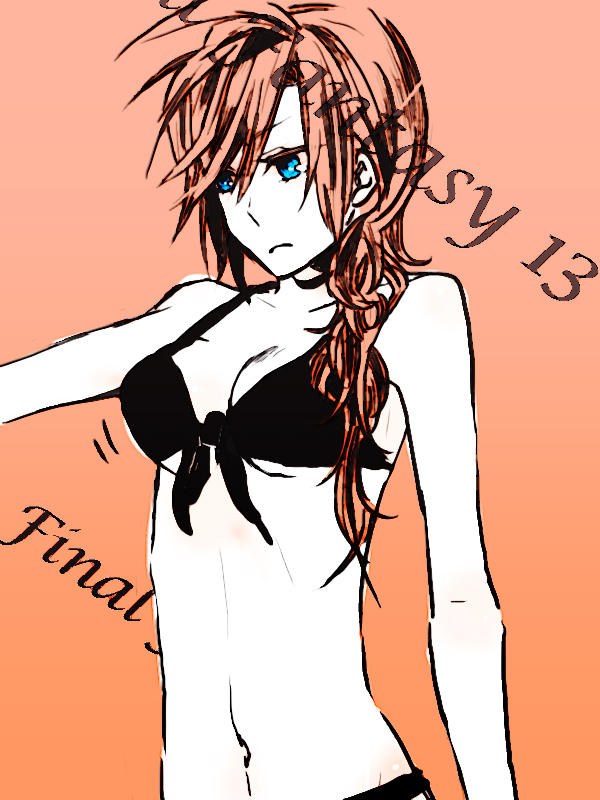 trans555, lightning farron, final fantasy, final fantasy xiii, 10s, 1girl, bikini, black bikini, blue eyes, copyright name, female focus, flat color, long hair, navel, orange background, pink hair, simple background, solo, swimsuit