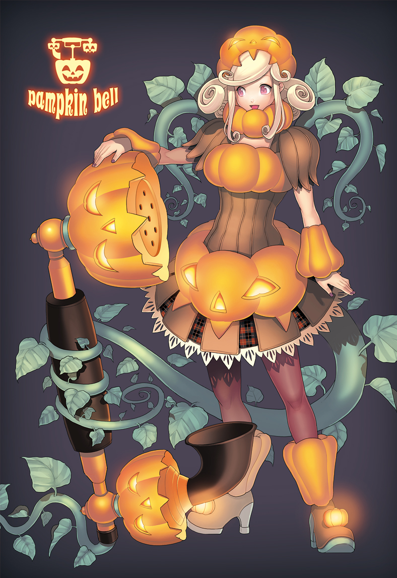 juuden, original, 1girl, antique phone, blonde hair, brown eyes, corded phone, cosplay, female focus, halloween, jack-o'-lantern, jack-o'-lantern (cosplay), pantyhose, phone, plant, pumpkin, rotary phone, solo, vines