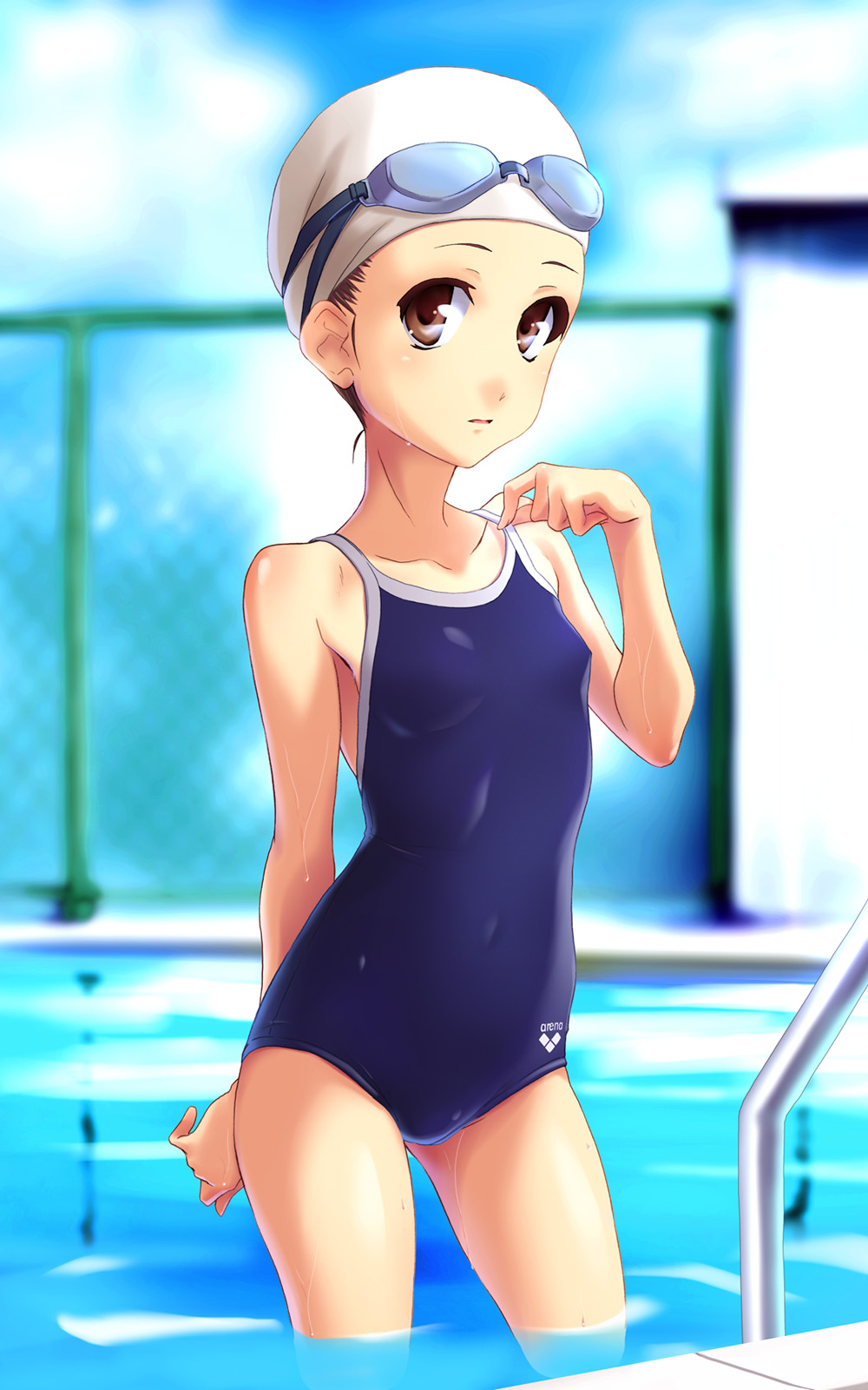 norizou type-r, original, highres, 1girl, brown eyes, brown hair, chain-link fence, competition school swimsuit, competition swimsuit, female focus, fence, goggles, one-piece swimsuit, pool, pool ladder, school swimsuit, solo, standing, swim cap, swimsuit, wet