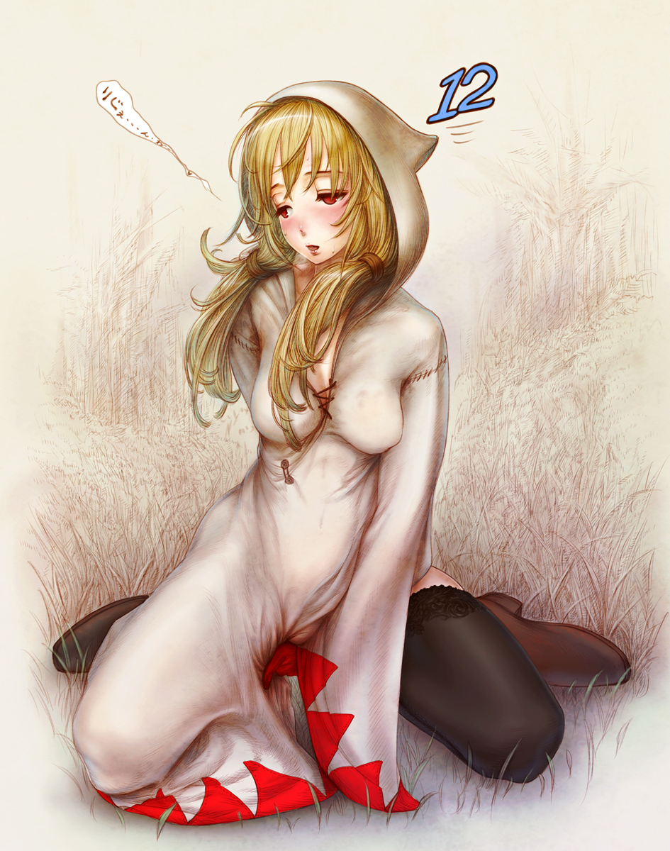 takai, white mage (fft), white mage (final fantasy), final fantasy, final fantasy tactics, white mage, highres, translated, 1girl, black thighhighs, blonde hair, blush, breath, cameltoe, crotch grab, female focus, female masturbation, fingering, fingering through clothes, gameplay mechanics, gloves, hood, kneeling, long hair, masturbation, masturbation through clothes, no bra, perverted utility, red eyes, robe, sitting, solo, sweat, thighhighs, through clothes, torogao, twintails