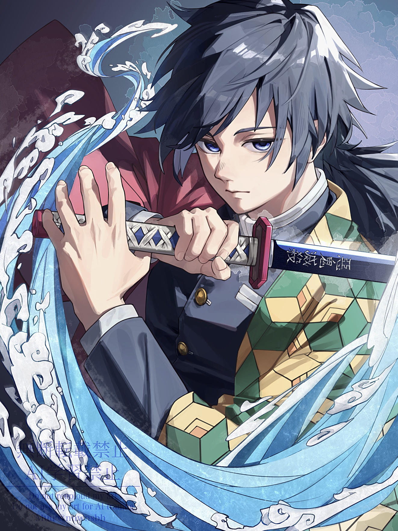 tomioka giyuu, kimetsu no yaiba, commentary request, highres, 1boy, black hair, black jacket, blue eyes, buttons, closed mouth, demon slayer uniform, empty eyes, fingernails, gold buttons, haori, high collar, holding, holding sword, holding weapon, jacket, japanese clothes, katana, kikkoumon, long hair, looking at viewer, low ponytail, male focus, nqmgn, ponytail, print haori, red haori, solo, spiked hair, sword, upper body, water, watermark, weapon