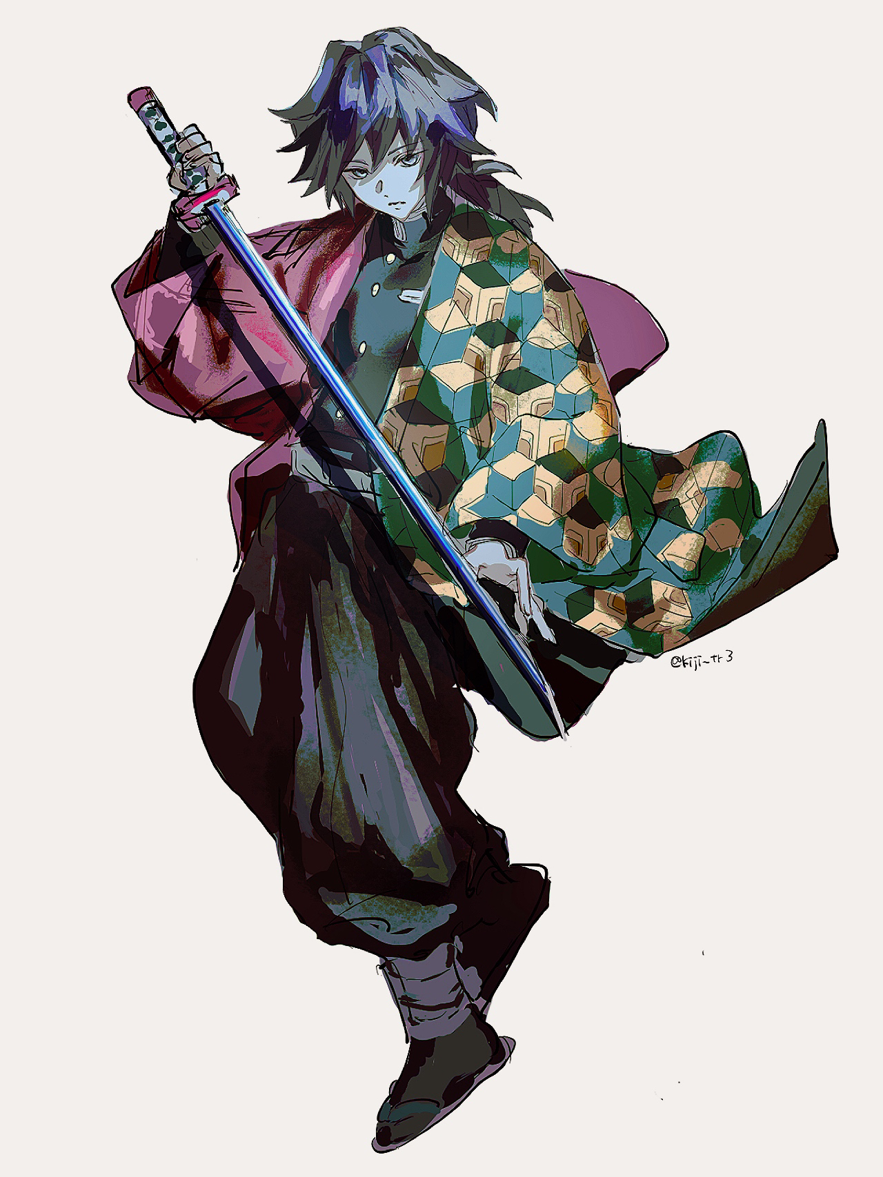 tomioka giyuu, kimetsu no yaiba, commentary, highres, 1boy, belt, black hair, black jacket, black pants, black socks, blue eyes, buttons, demon slayer uniform, full body, gold buttons, hair between eyes, haori, high collar, holding, holding sword, holding weapon, jacket, japanese clothes, katana, kikkoumon, long hair, low ponytail, male focus, pants, ponytail, print haori, red haori, sandals, simple background, siro neko322, socks, solo, spiked hair, sword, weapon, white background, white belt