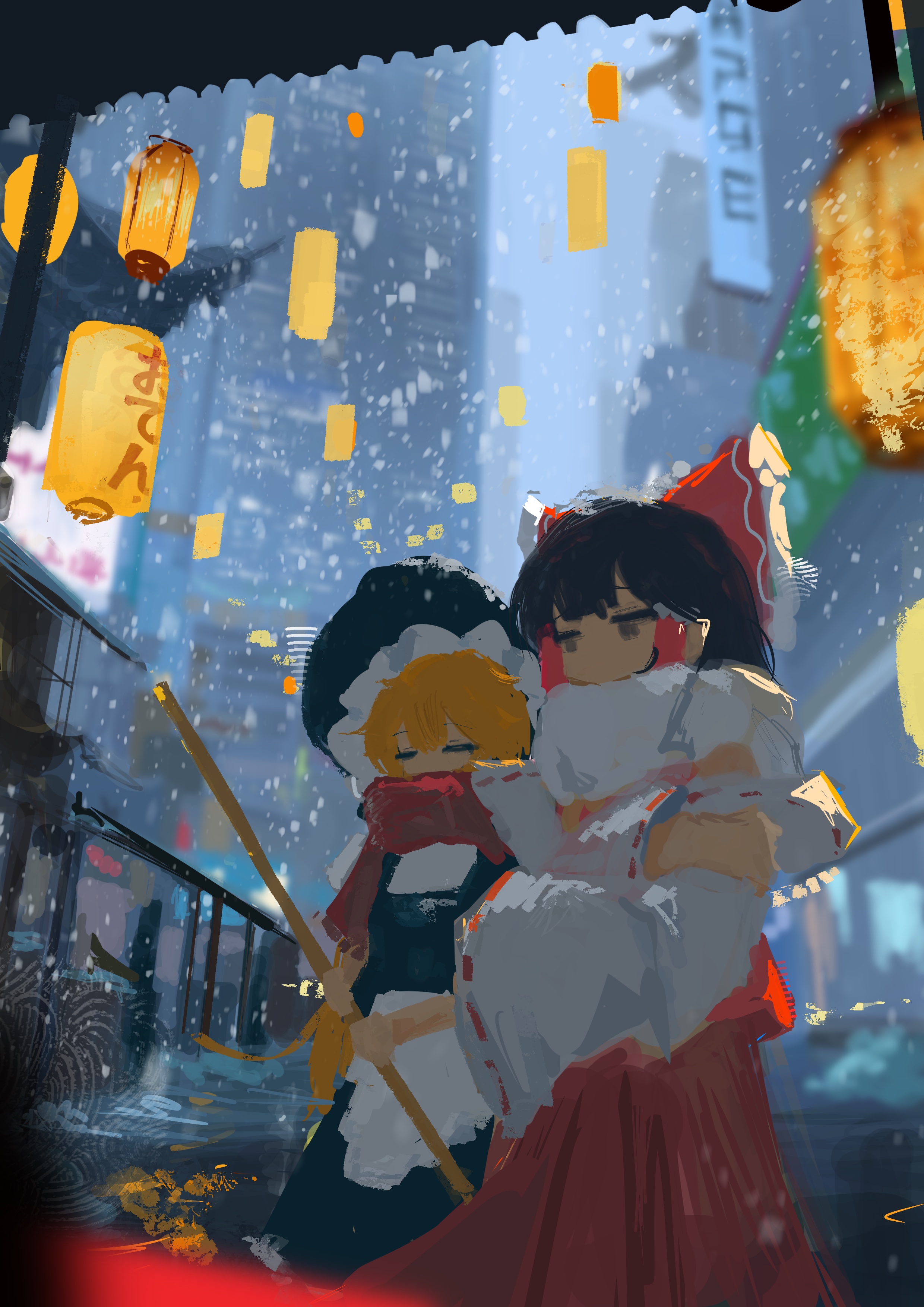 koukouya, hakurei reimu, kirisame marisa, touhou, absurdres, commentary request, highres, 2girls, apron, black hat, black skirt, black vest, blonde hair, bow, closed eyes, cold, detached sleeves, frilled bow, frilled hair tubes, frills, hair bow, hair tubes, hat, lantern, long hair, multiple girls, outdoors, paper lantern, red bow, red scarf, red skirt, ribbon-trimmed sleeves, ribbon trim, scarf, skirt, skirt set, snowing, vest, waist apron, white apron, white scarf, witch hat