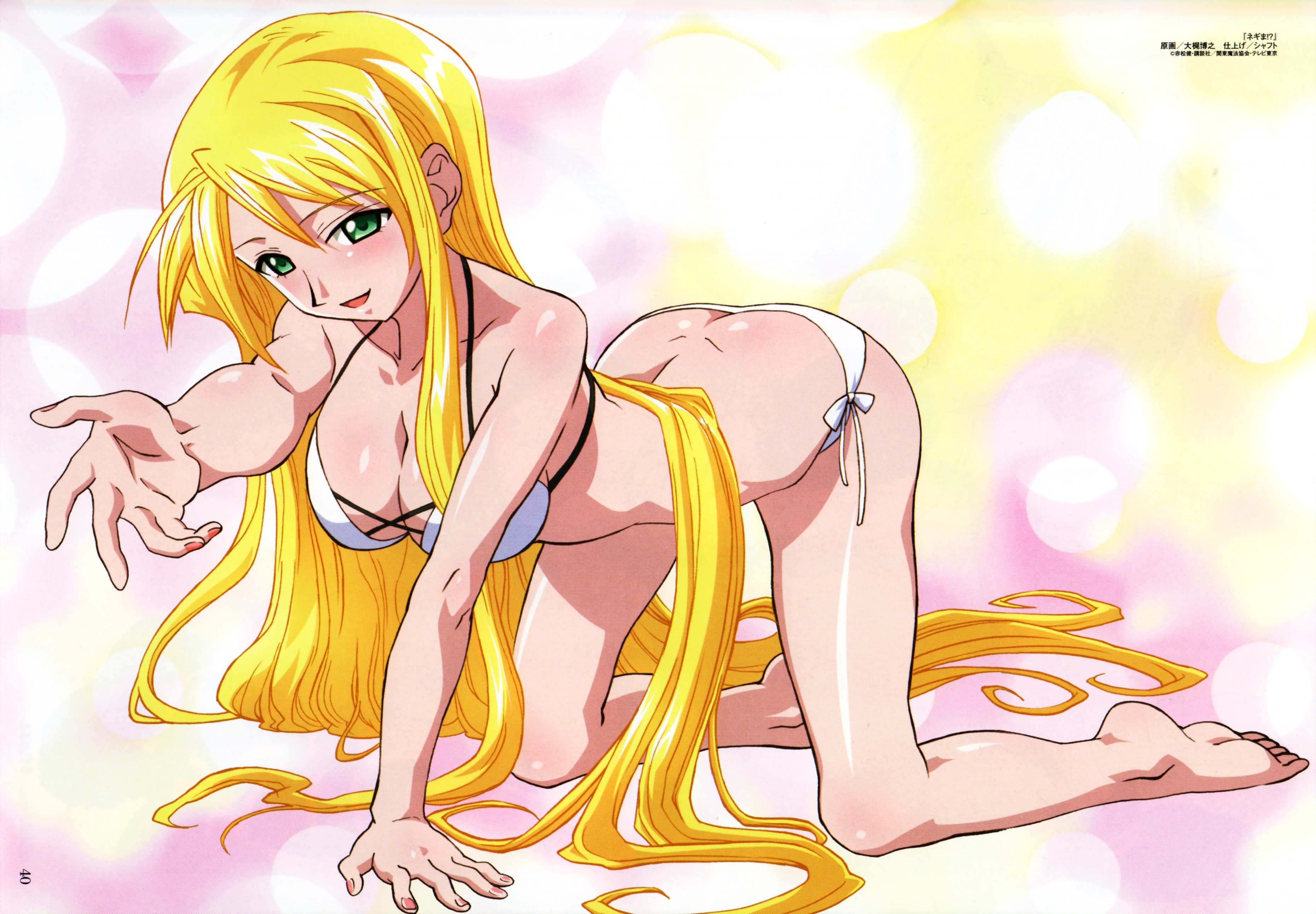 ookaji hiroyuki, yukihiro ayaka, mahou sensei negima!, megami magazine, absurdres, highres, 1girl, all fours, ass, back, barefoot, bent over, bikini, blonde hair, blue eyes, breasts, butt crack, cleavage, dimples of venus, feet, female focus, large breasts, legs, long hair, looking at viewer, nail polish, outstretched arm, outstretched hand, pink nails, reaching, side-tie bikini bottom, smile, solo, swimsuit, very long hair, white bikini