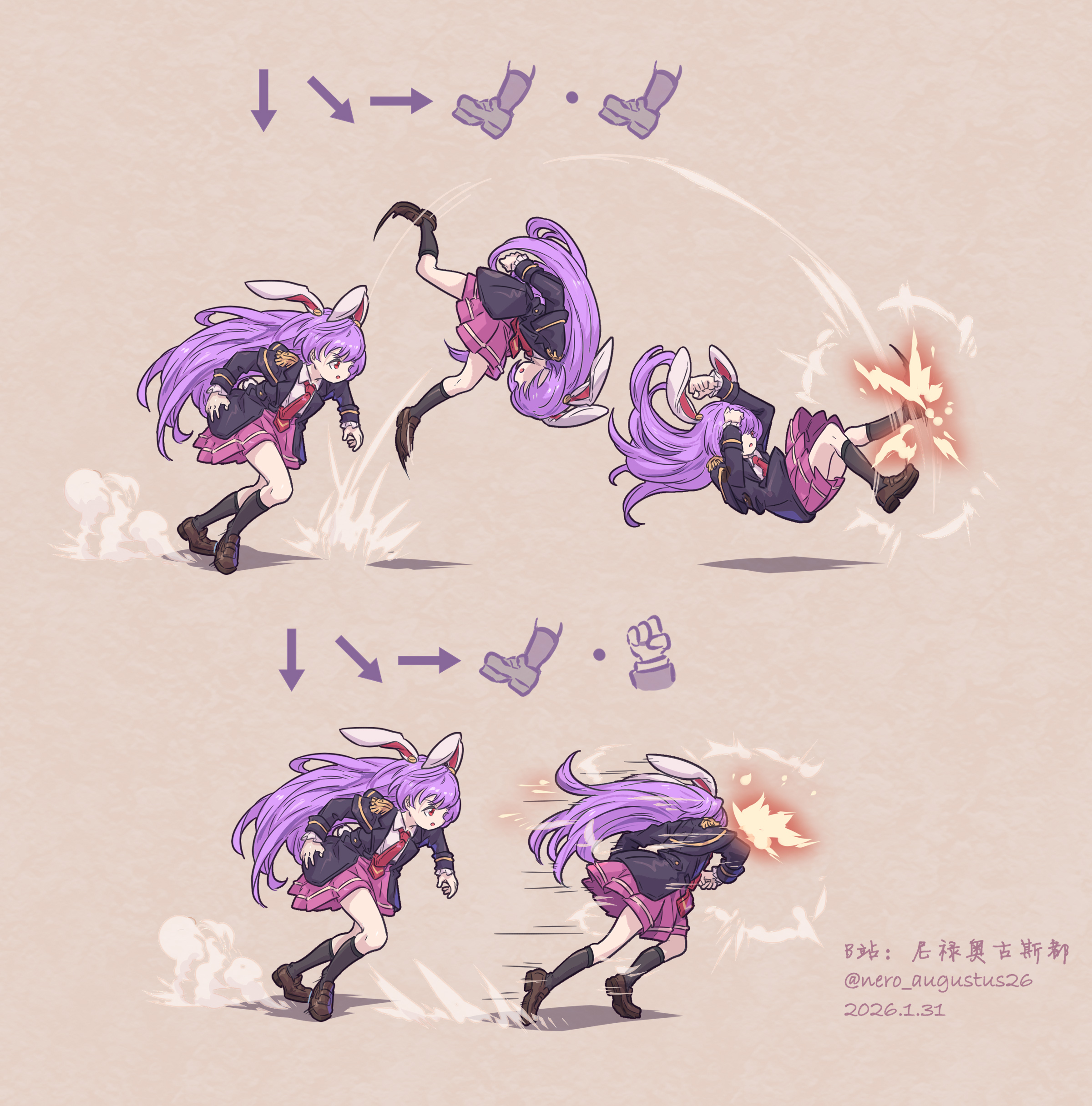 nero augustus, luke sullivan, reisen udongein inaba, street fighter, street fighter 6, touhou, absurdres, chinese commentary, commentary request, highres, 1girl, animal ears, black jacket, boots, bow, bowtie, brown boots, charging forward, command input, dated, fighting game, frilled skirt, frills, gameplay mechanics, jacket, kicking, long hair, pink skirt, purple hair, rabbit ears, red bow, red bowtie, signature, skirt, thighhighs, tumbling, twitter username